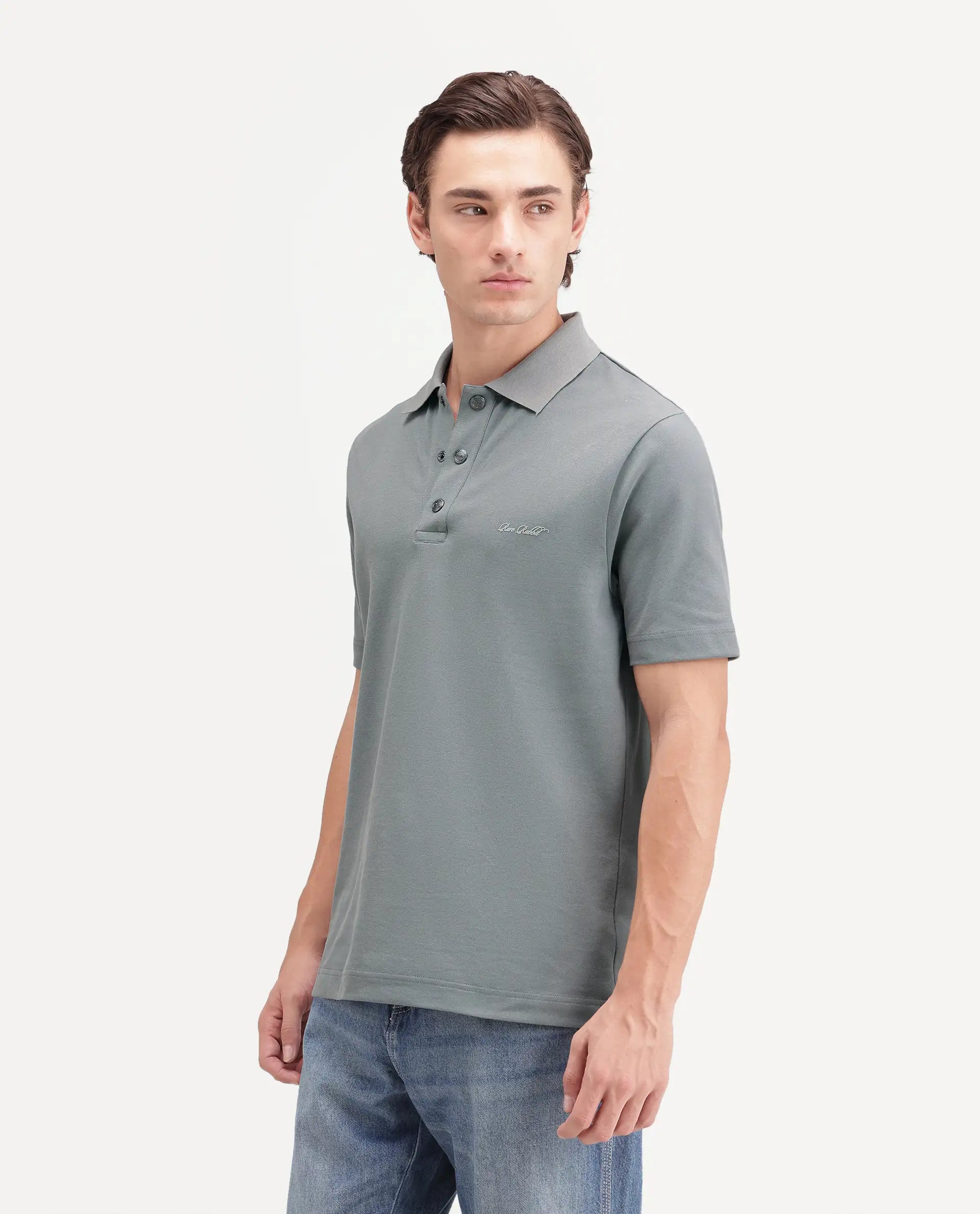 Rare Rabbit Men's Nolan Dusky Green Cotton Blend Spread Collar Button Regular Plain Polo