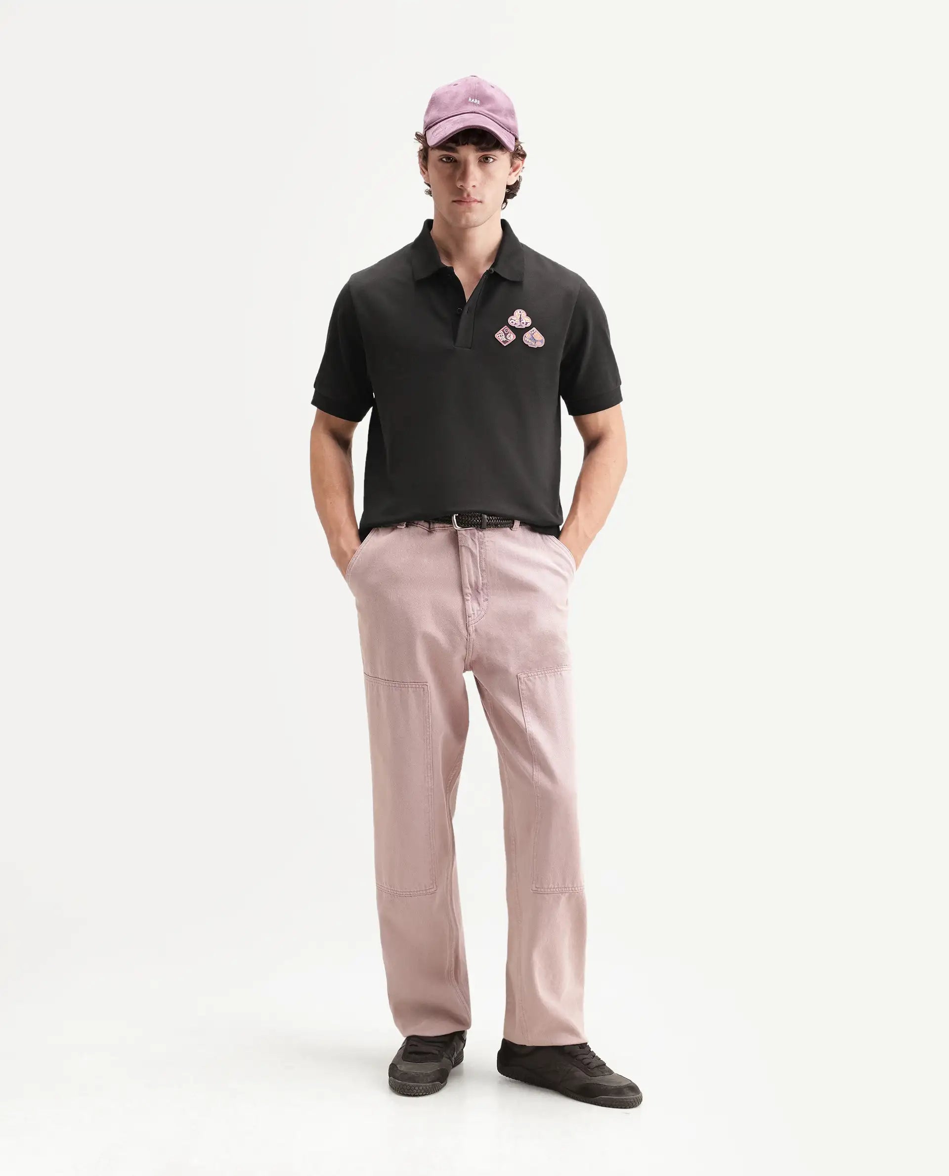 Rare Rabbit Men's Lanet Primary Black Cotton Blend Spread Collar Button Regular Plain Polo
