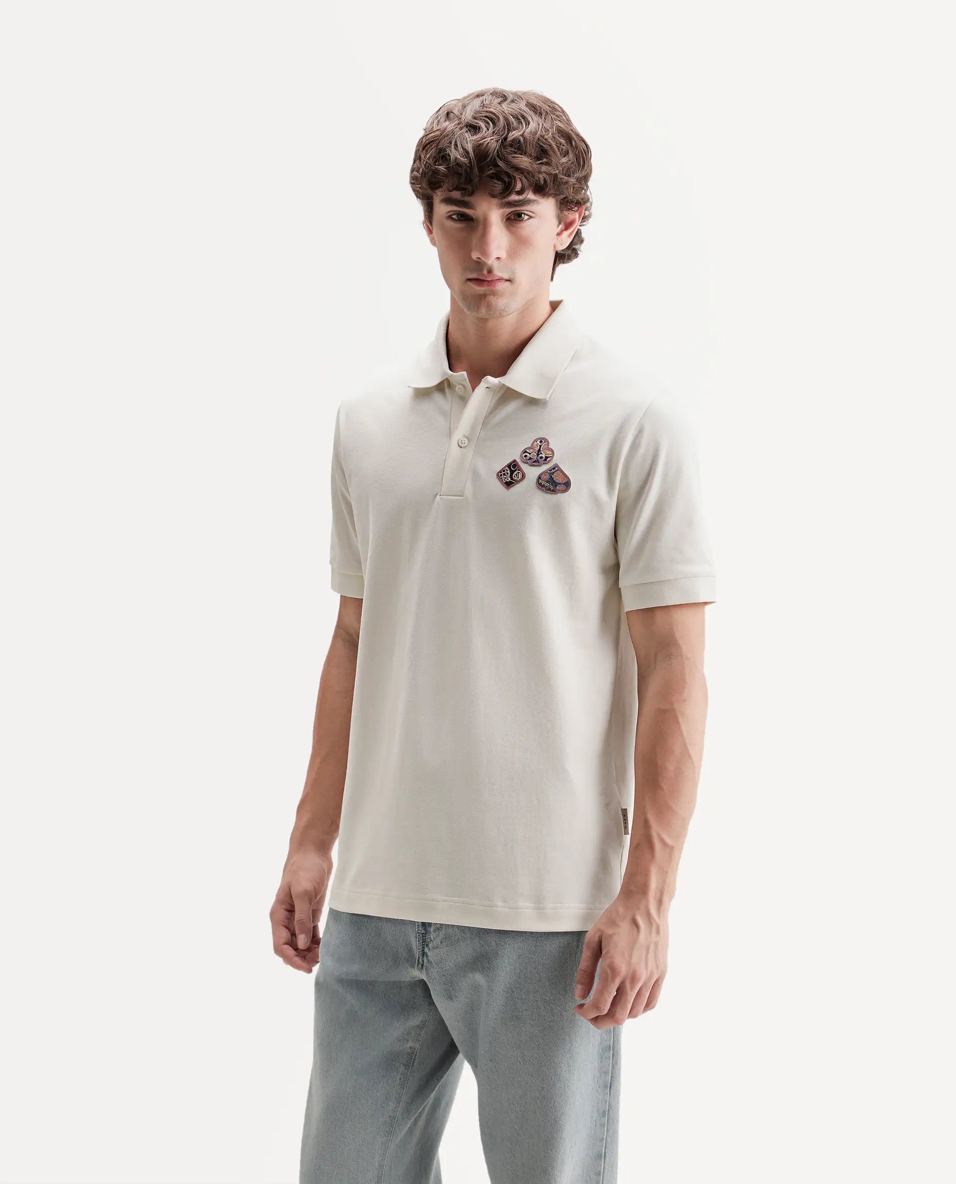 Rare Rabbit Men's Lanet Light Off-White Cotton Blend Spread Collar Button Regular Plain Polo