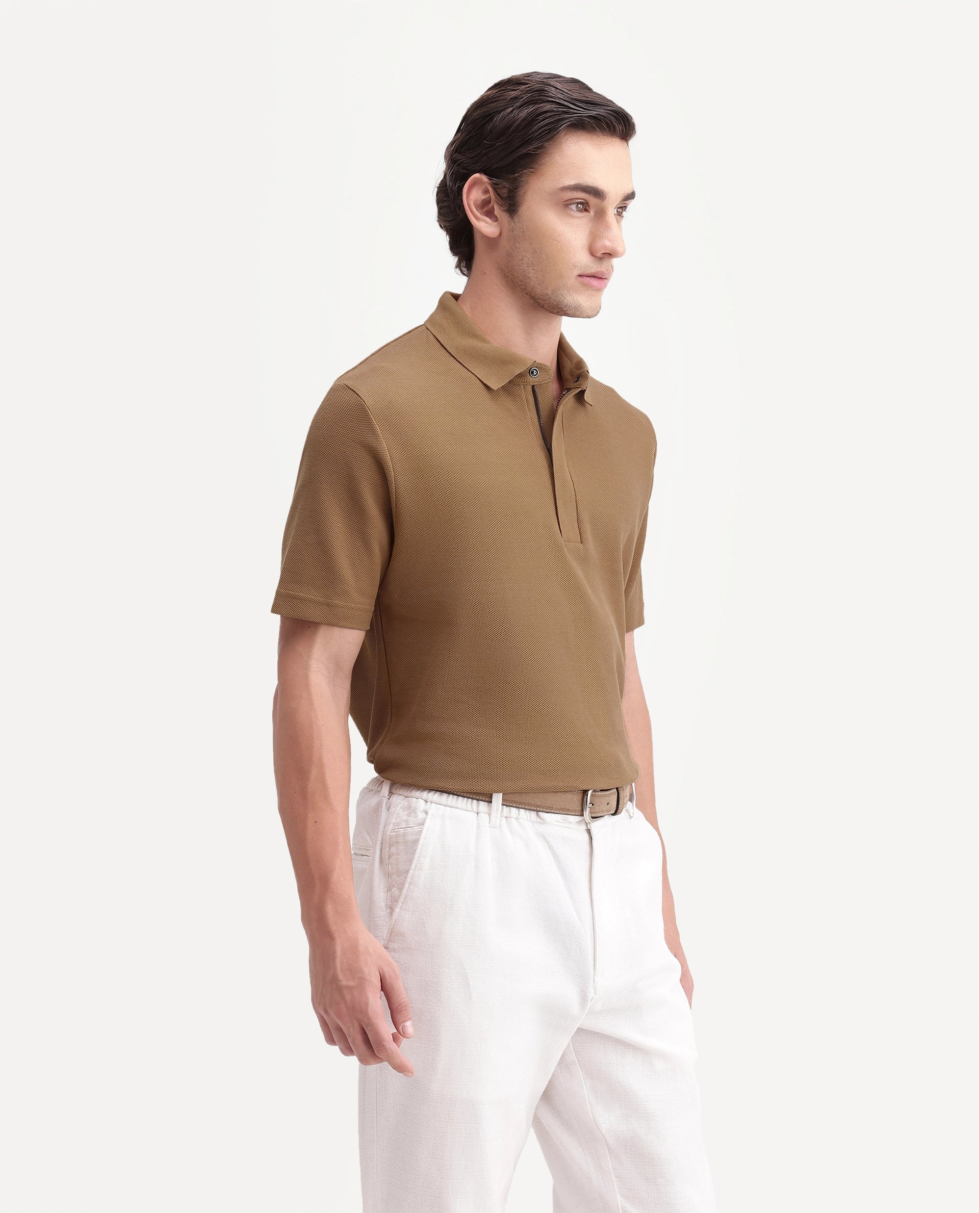 Rare Rabbit Men's Crin-A26 Primary Mustard Cotton Spread Collar Zipper Regular Plain Polo