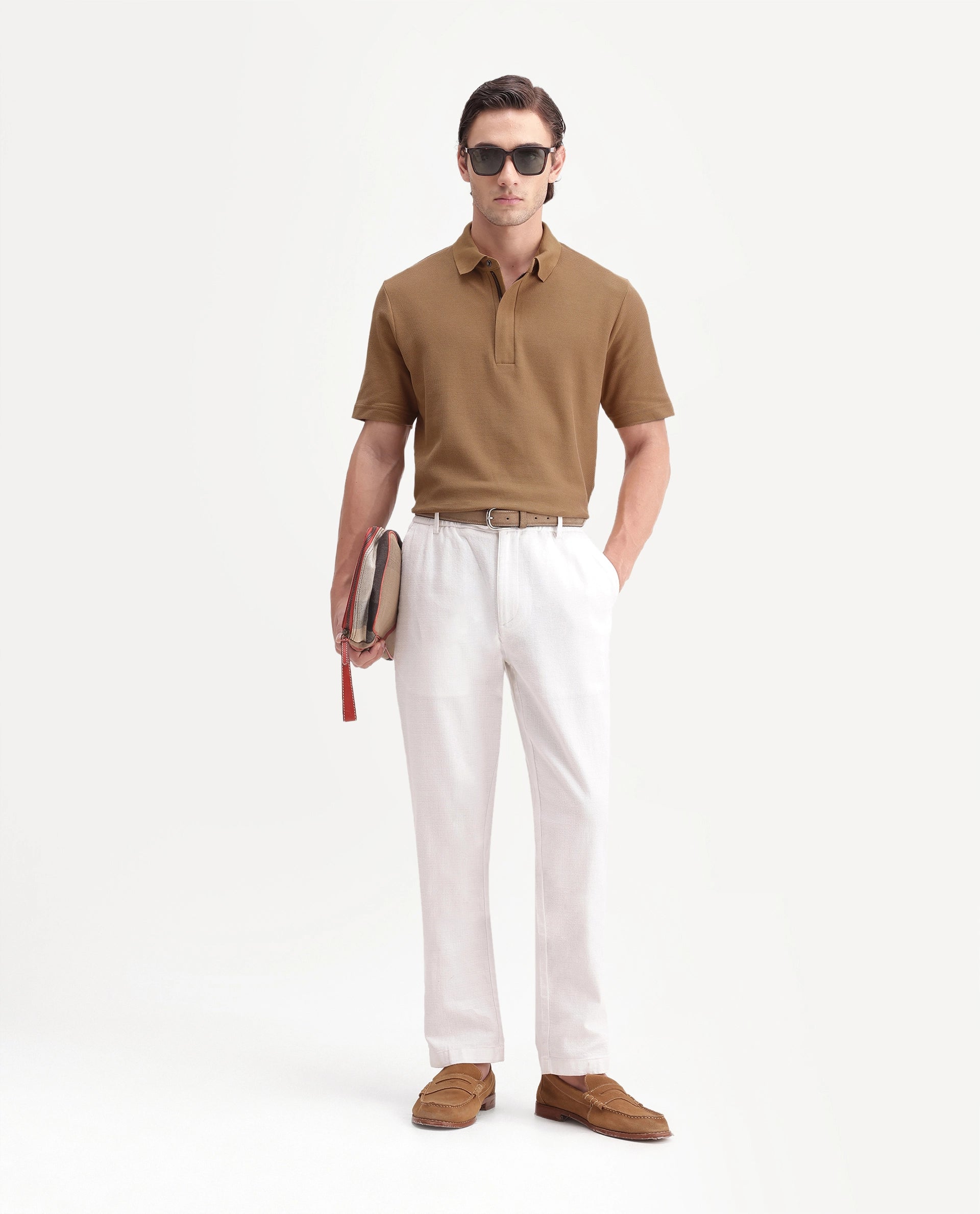 Rare Rabbit Men's Crin-A26 Primary Mustard Cotton Spread Collar Zipper Regular Plain Polo