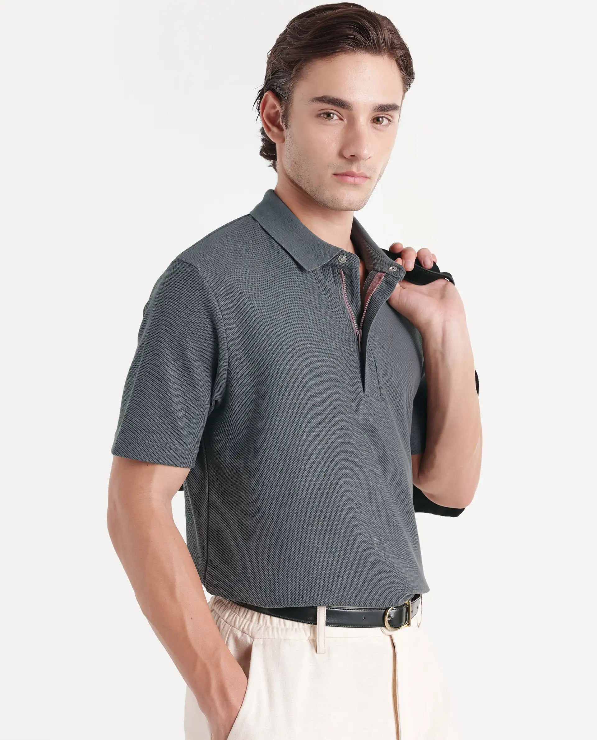 Rare Rabbit Men's Crin-A26 Dusky Teal Cotton Spread Collar Zipper Regular Plain Polo