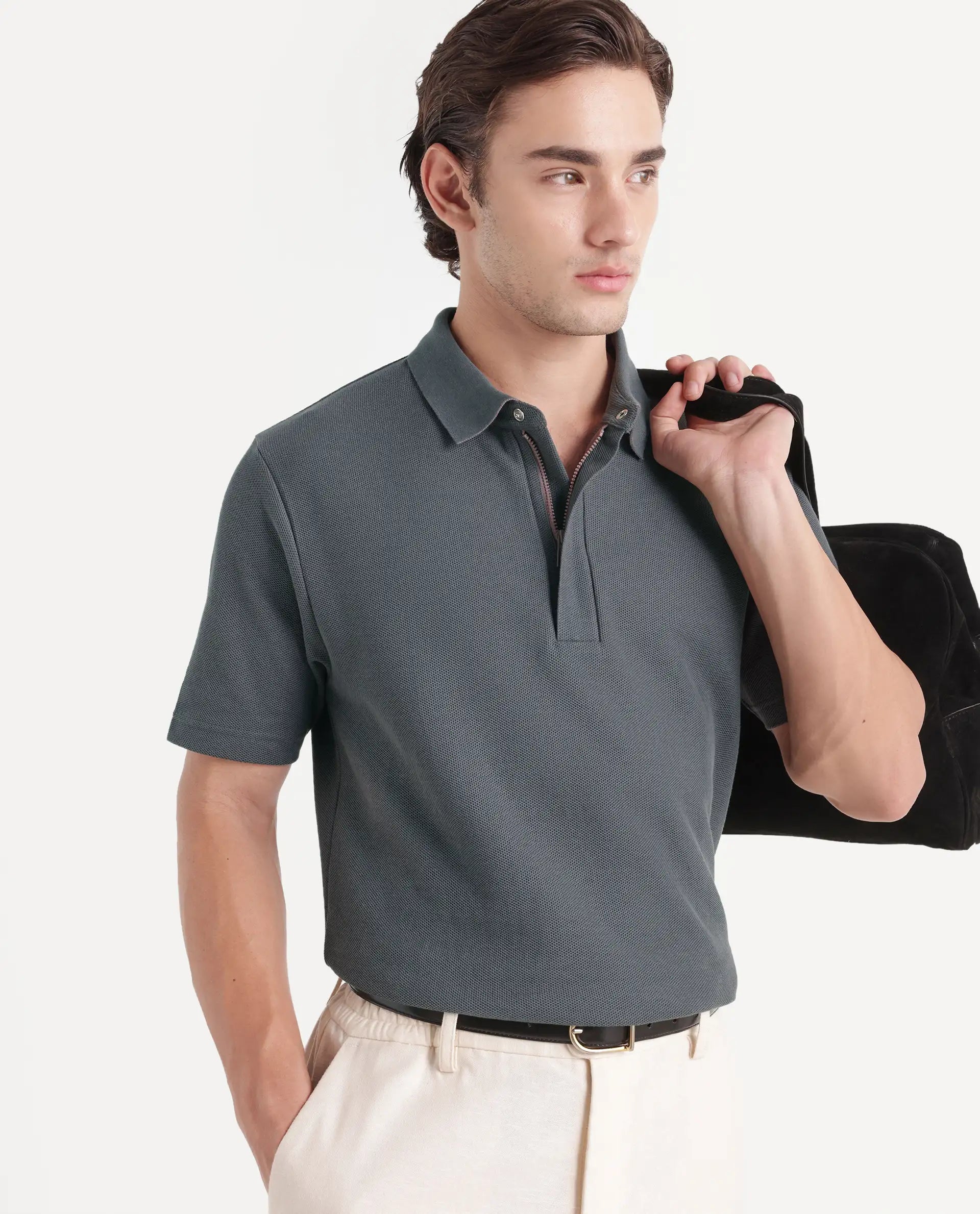 Rare Rabbit Men's Crin-A26 Dusky Teal Cotton Spread Collar Zipper Regular Plain Polo