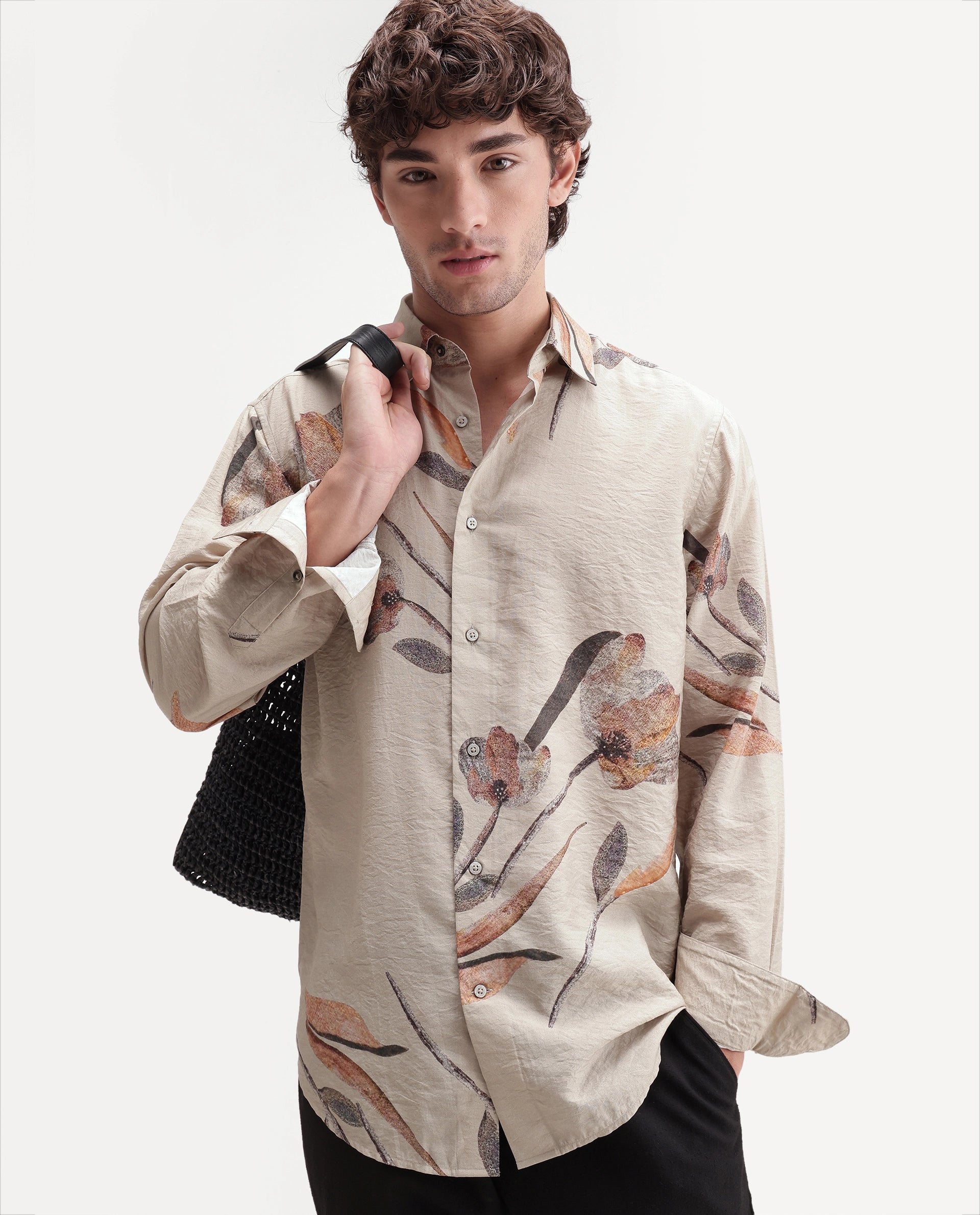 Rare Rabbit Men's Bomo Dusky Beige Cotton Spread Collar Regular Floral Print Shirt