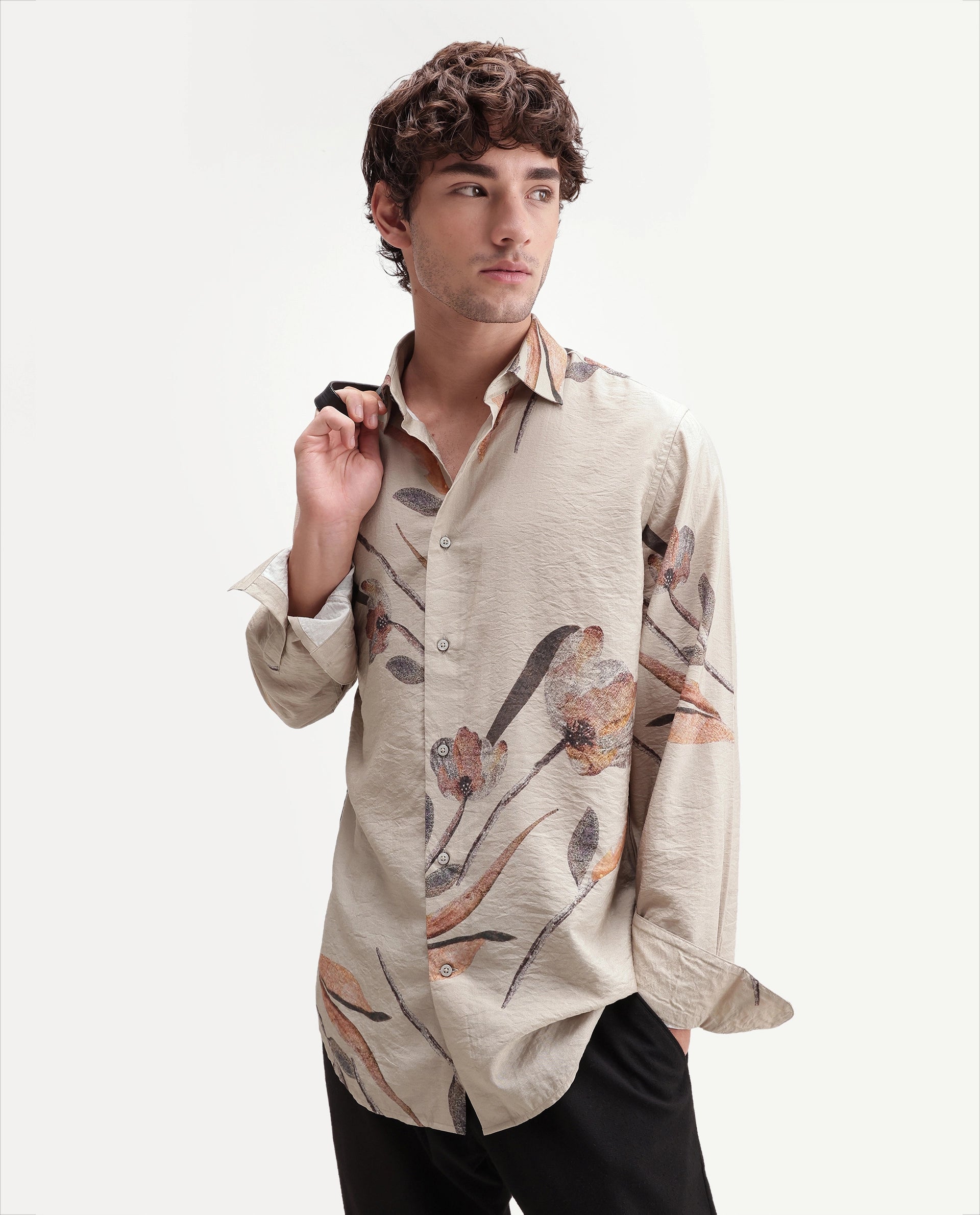 Rare Rabbit Men's Bomo Dusky Beige Cotton Spread Collar Regular Floral Print Shirt