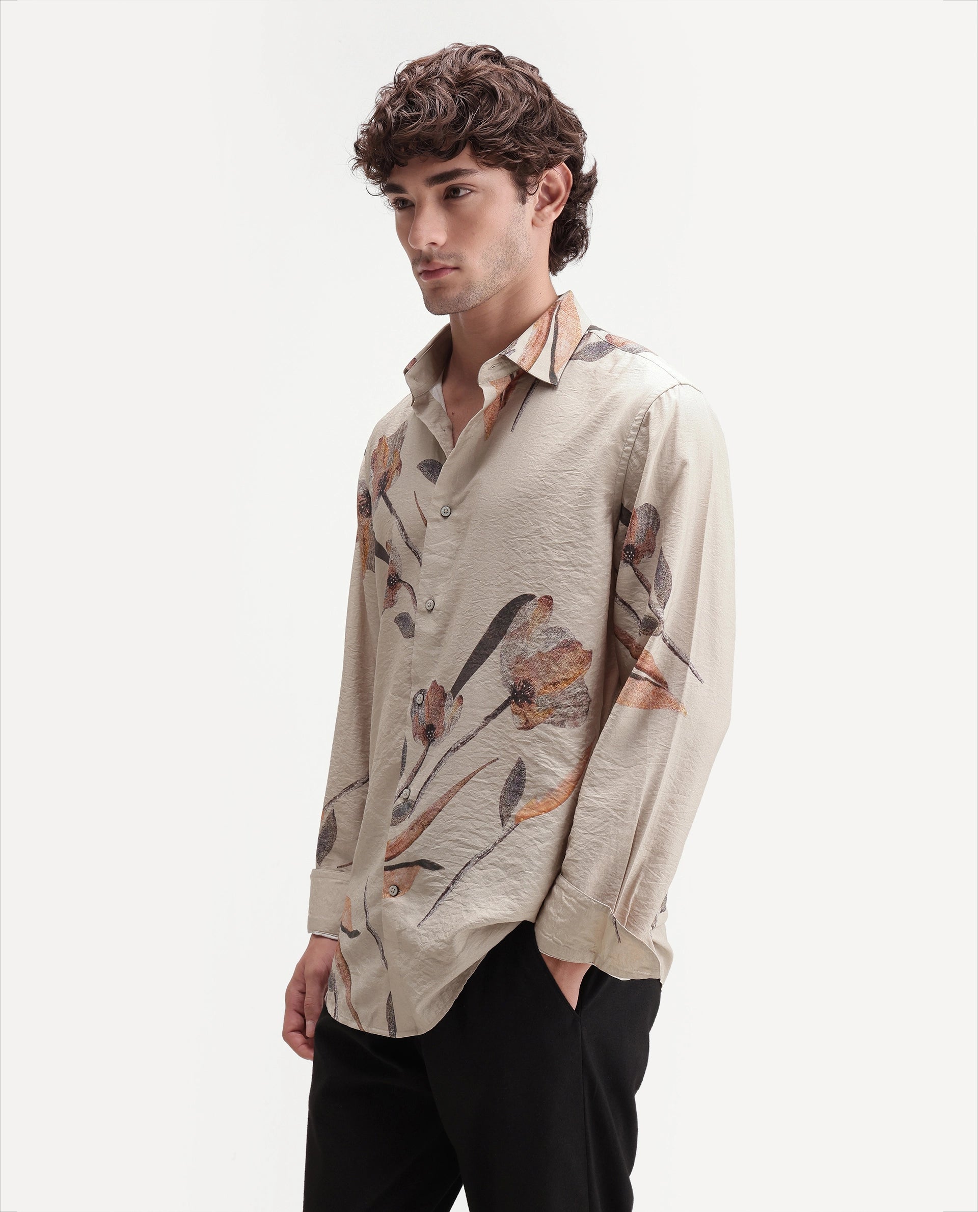 Rare Rabbit Men's Bomo Dusky Beige Cotton Spread Collar Regular Floral Print Shirt