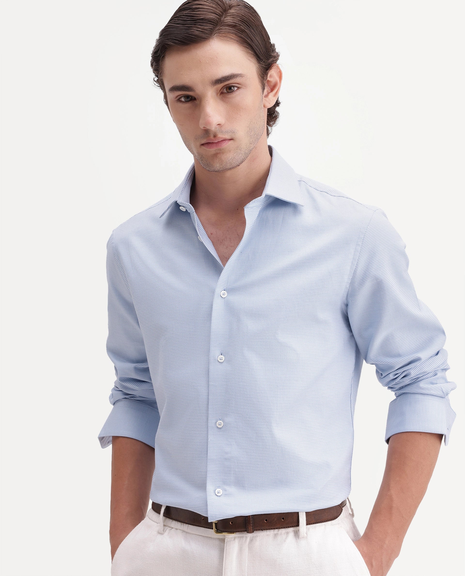 Rare Rabbit Men's Chawa Light Blue Cotton Spread Collar Regular Checked Shirt