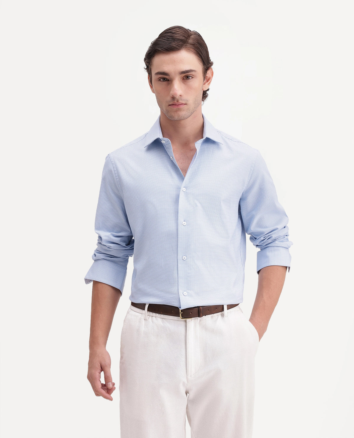 Rare Rabbit Men's Chawa Light Blue Cotton Spread Collar Regular Checked Shirt