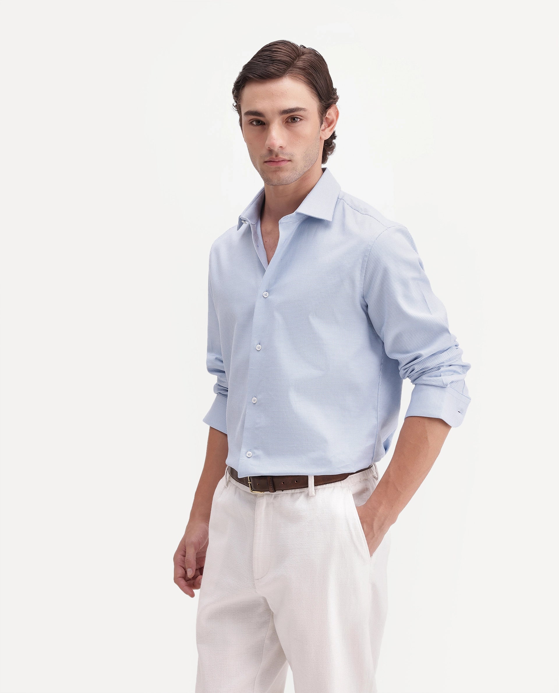 Rare Rabbit Men's Chawa Light Blue Cotton Spread Collar Regular Checked Shirt