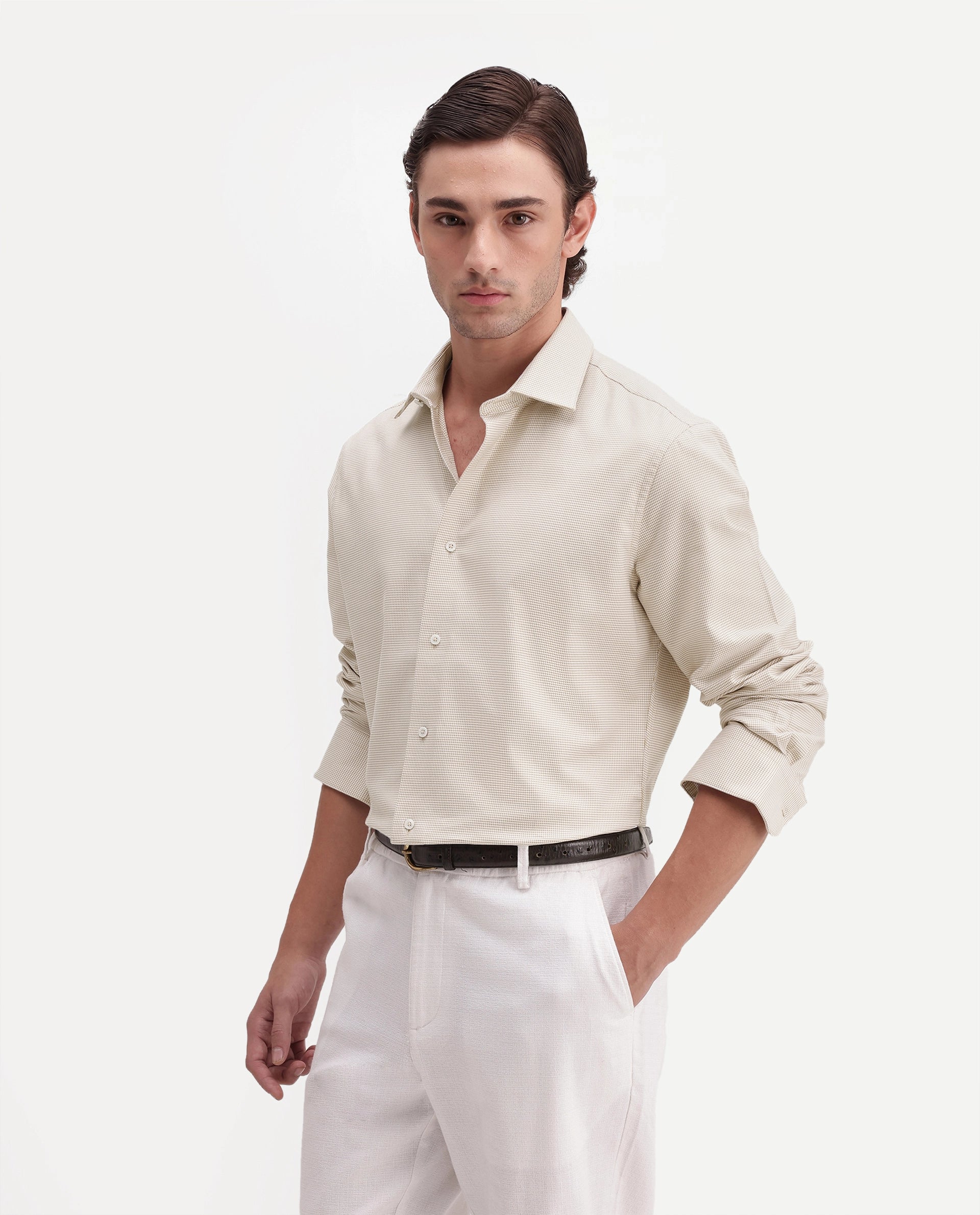 Rare Rabbit Men's Chawa Light Beige Cotton Spread Collar Regular Checked Shirt