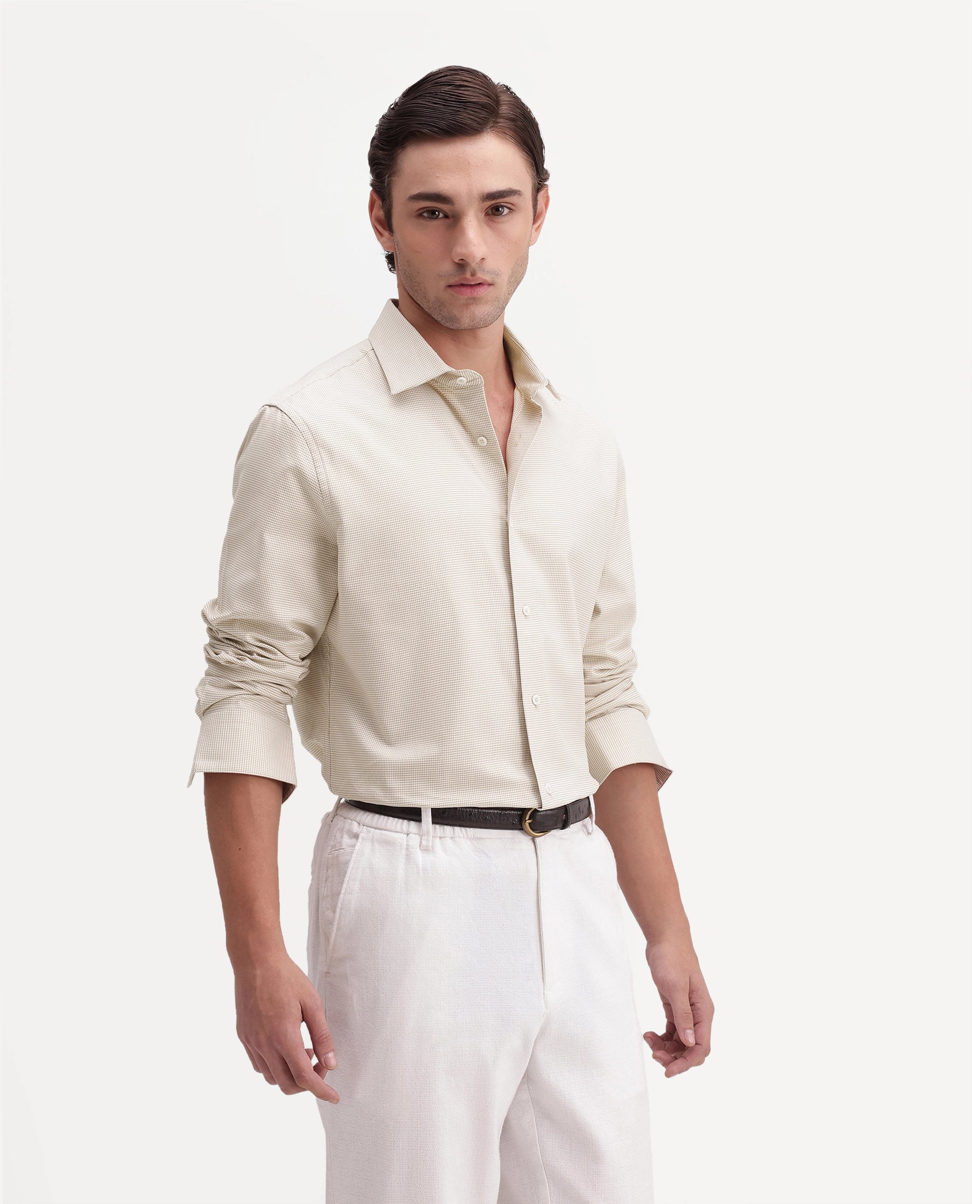 Rare Rabbit Men's Chawa Light Beige Cotton Spread Collar Regular Checked Shirt