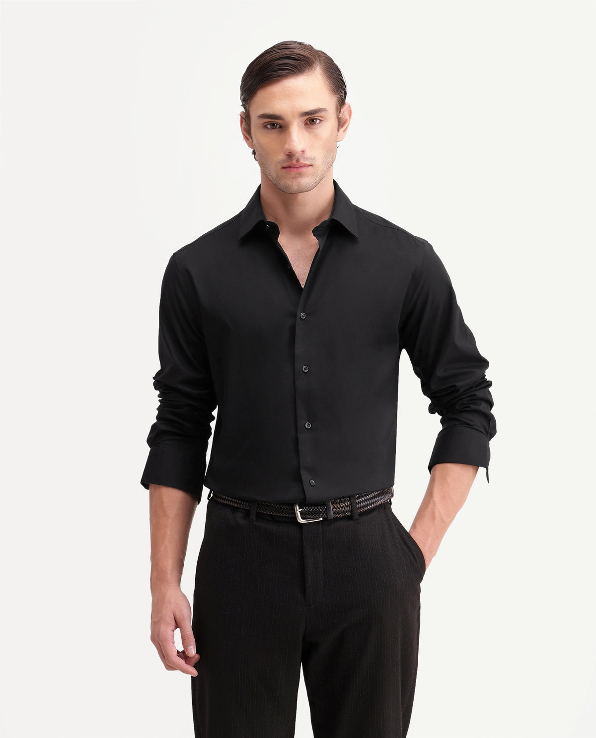Rare Rabbit Men's Rona Primary Black Cotton Blend Spread Collar Regular Plain Shirt