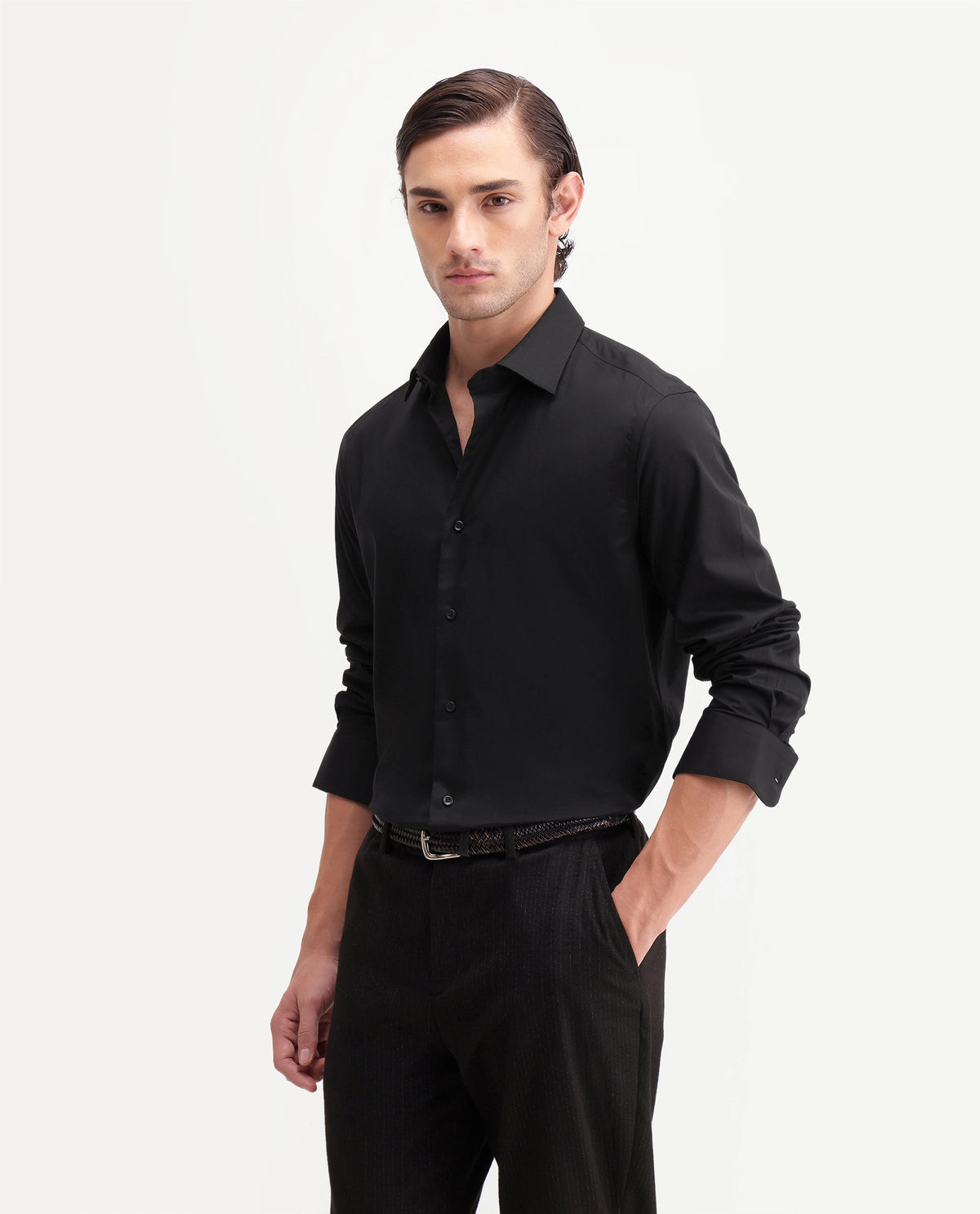 Rare Rabbit Men's Rona Primary Black Cotton Blend Spread Collar Regular Plain Shirt