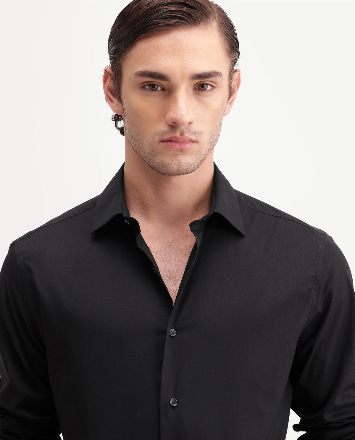 Rare Rabbit Men's Rona Primary Black Cotton Blend Spread Collar Regular Plain Shirt