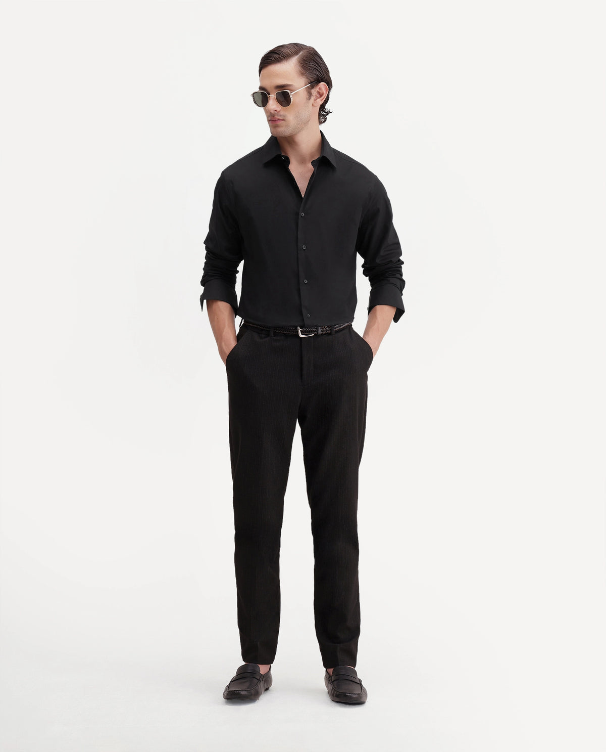 Rare Rabbit Men's Rona Primary Black Cotton Blend Spread Collar Regular Plain Shirt