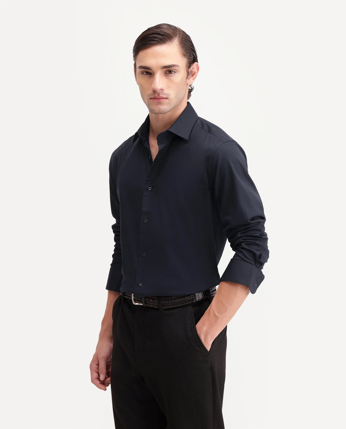 Rare Rabbit Men's Rona Primary Navy Cotton Blend Spread Collar Regular Plain Shirt