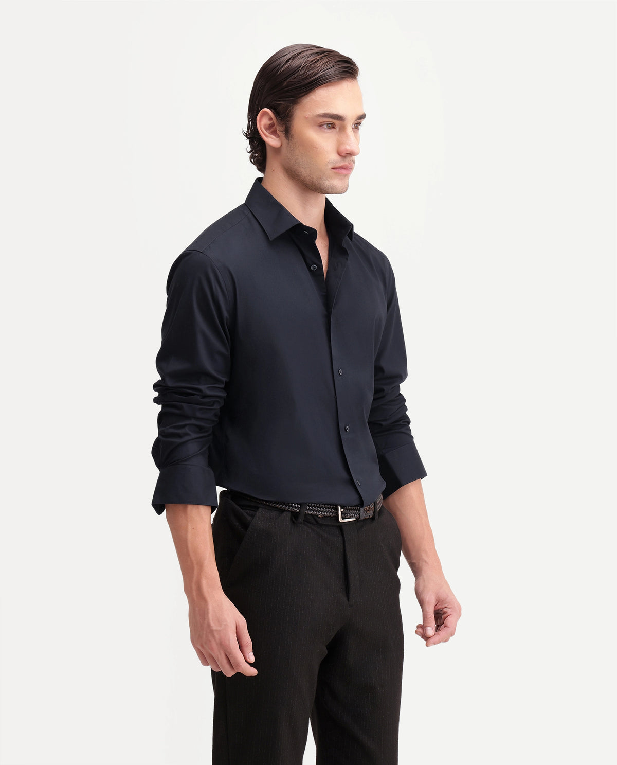 Rare Rabbit Men's Rona Primary Navy Cotton Blend Spread Collar Regular Plain Shirt