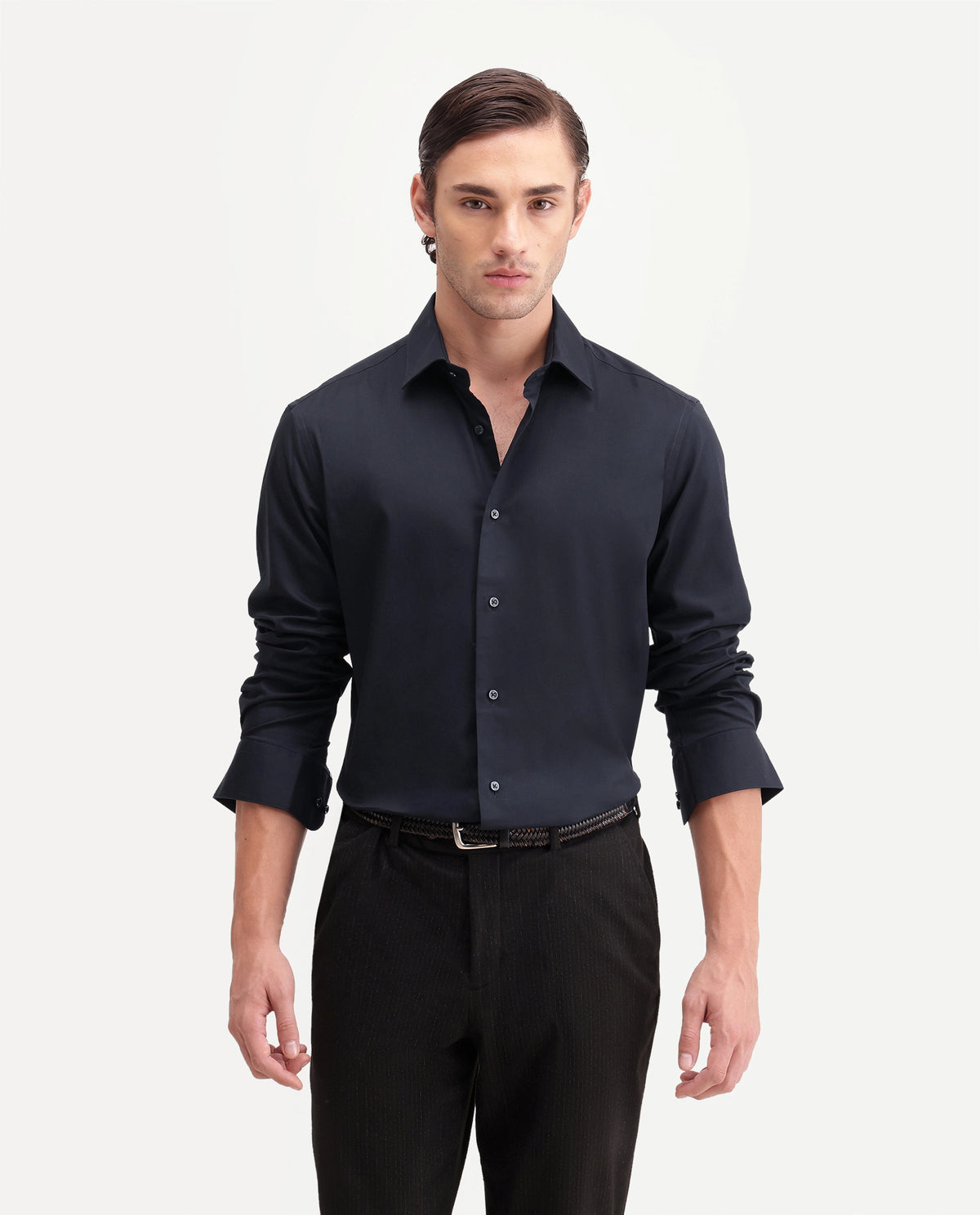 Rare Rabbit Men's Rona Primary Navy Cotton Blend Spread Collar Regular Plain Shirt