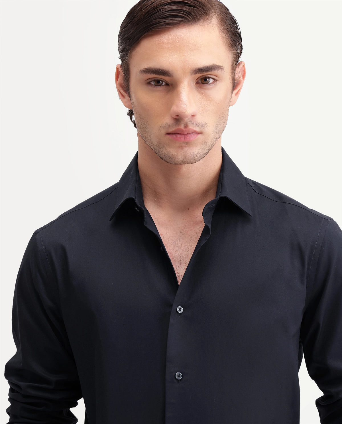 Rare Rabbit Men's Rona Primary Navy Cotton Blend Spread Collar Regular Plain Shirt