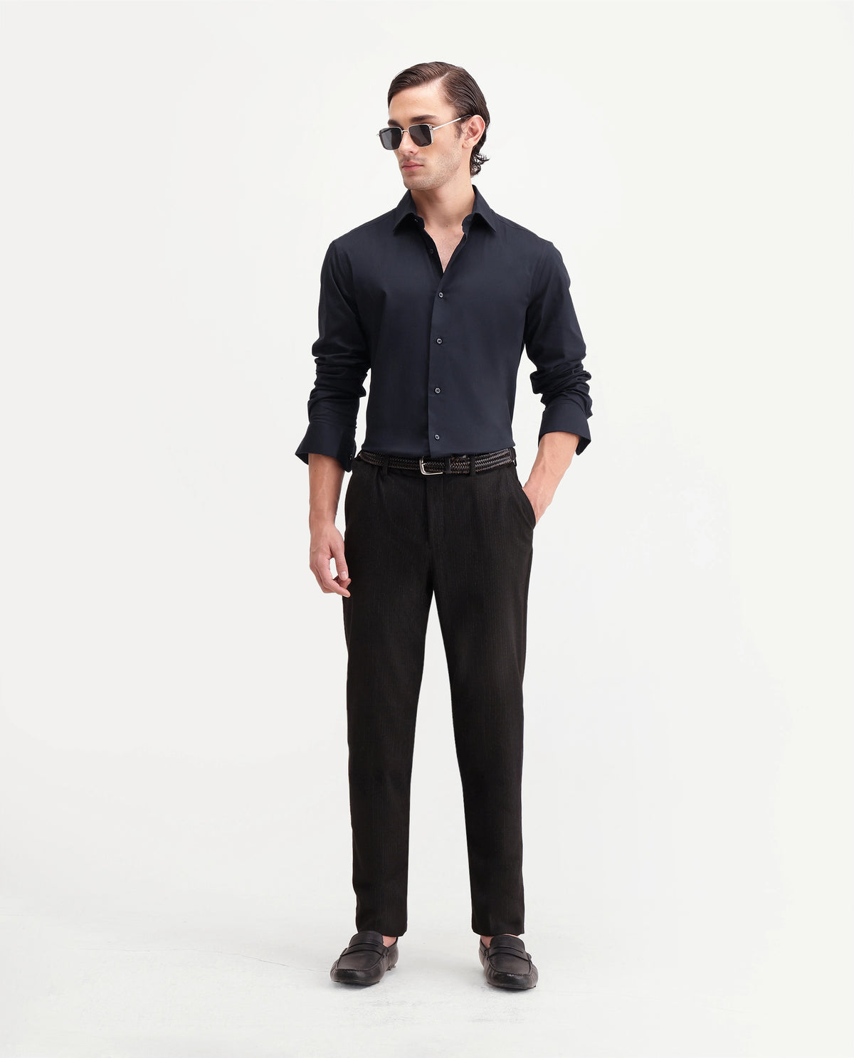 Rare Rabbit Men's Rona Primary Navy Cotton Blend Spread Collar Regular Plain Shirt