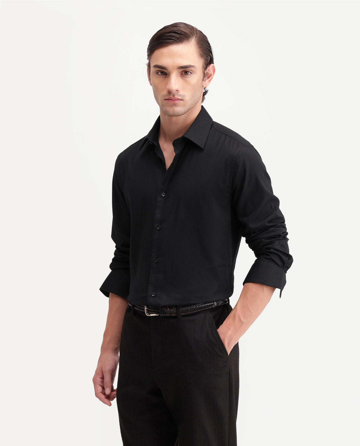 Rare Rabbit Men's Novo-Aw26 Primary Black Cotton Spread Collar Regular Textured Shirt