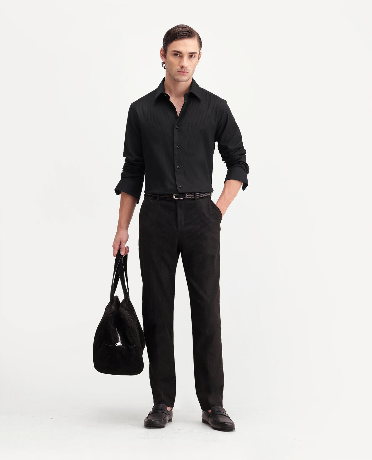 Rare Rabbit Men's Novo-Aw26 Primary Black Cotton Spread Collar Regular Textured Shirt