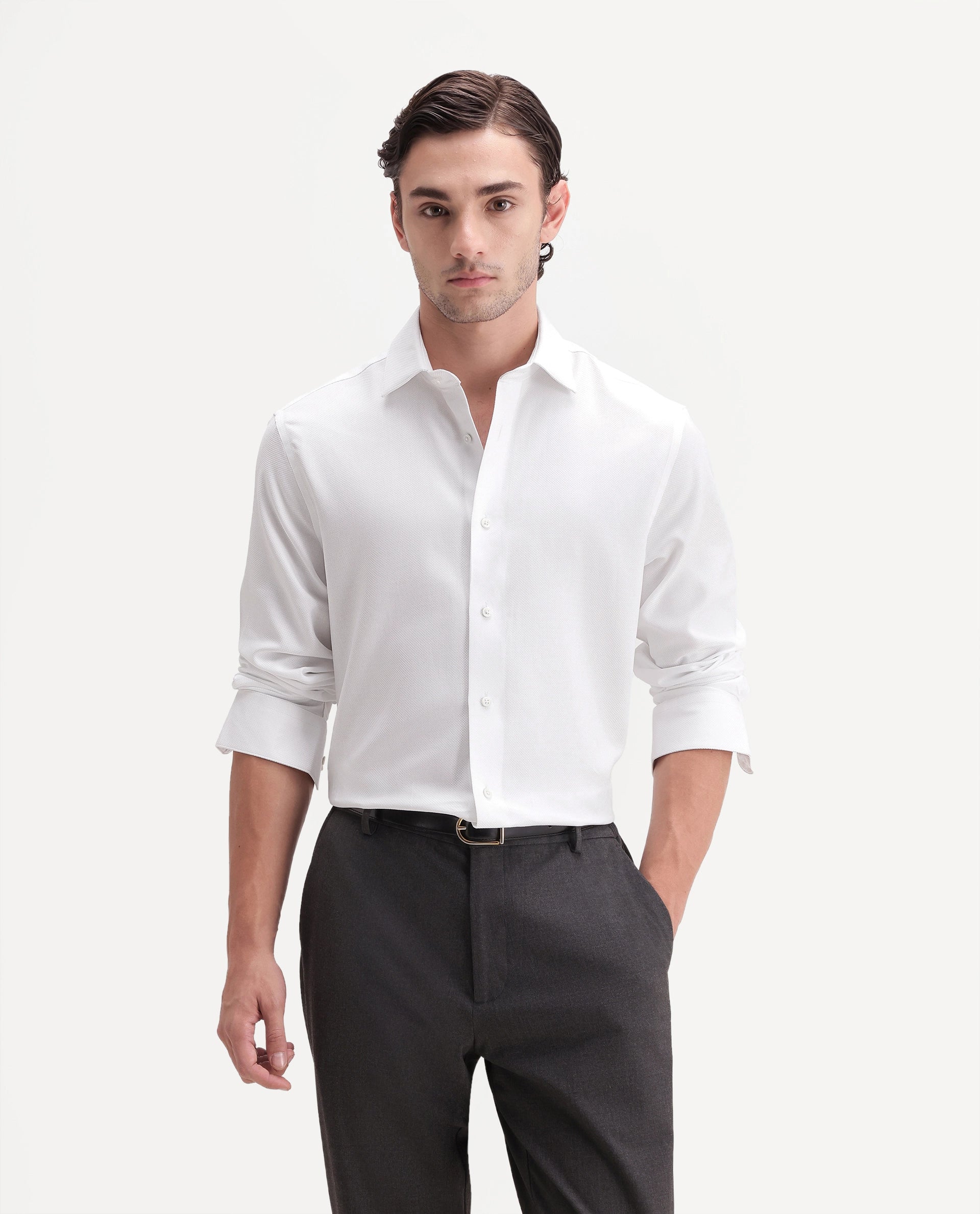 Rare Rabbit Men's Omega Primary White Cotton Spread Collar Regular Plain Shirt