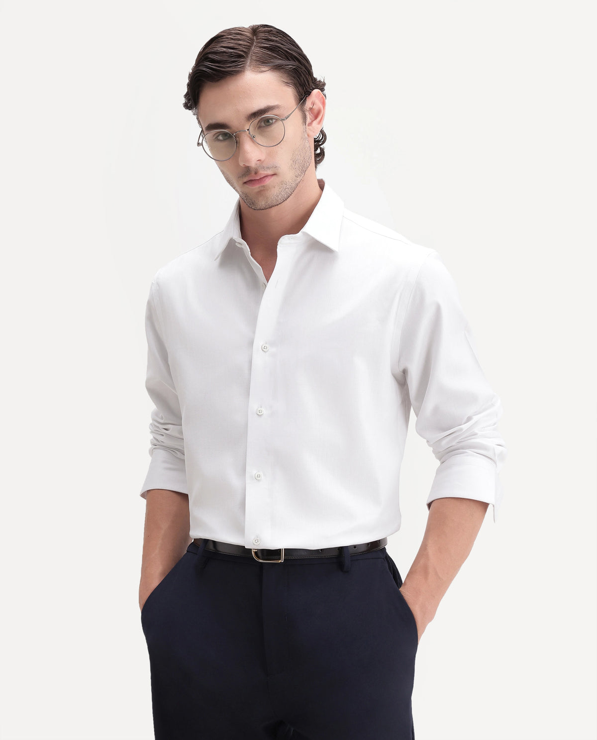 Rare Rabbit Men's Farga Primary White Cotton Spread Collar Regular Plain Shirt