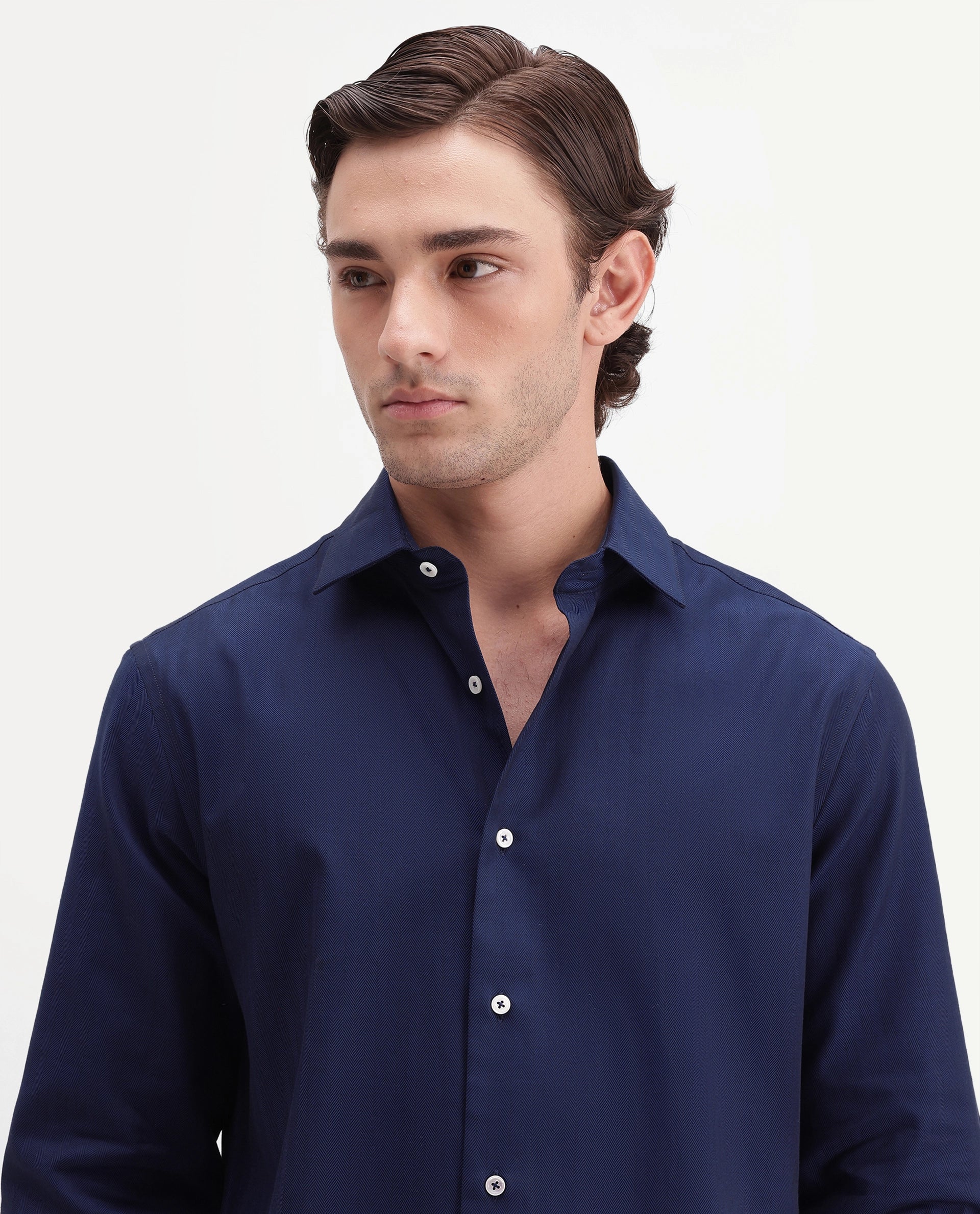 Rare Rabbit Men's Farga Primary Navy Cotton Spread Collar Regular Plain Shirt