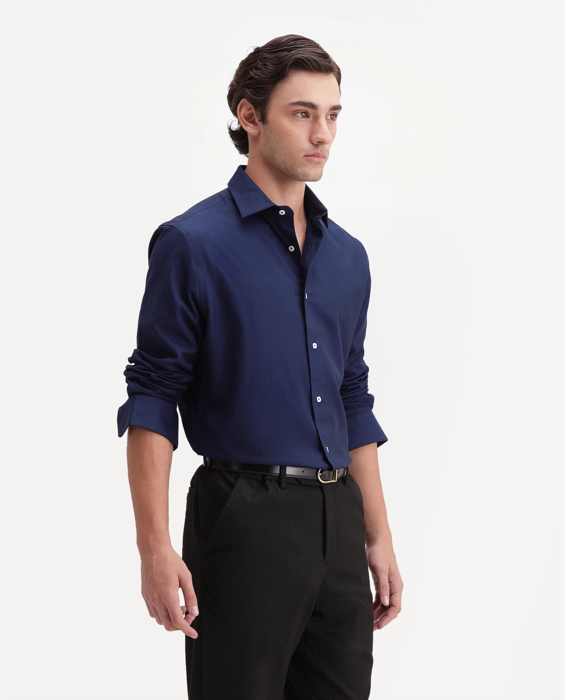 Rare Rabbit Men's Farga Primary Navy Cotton Spread Collar Regular Plain Shirt