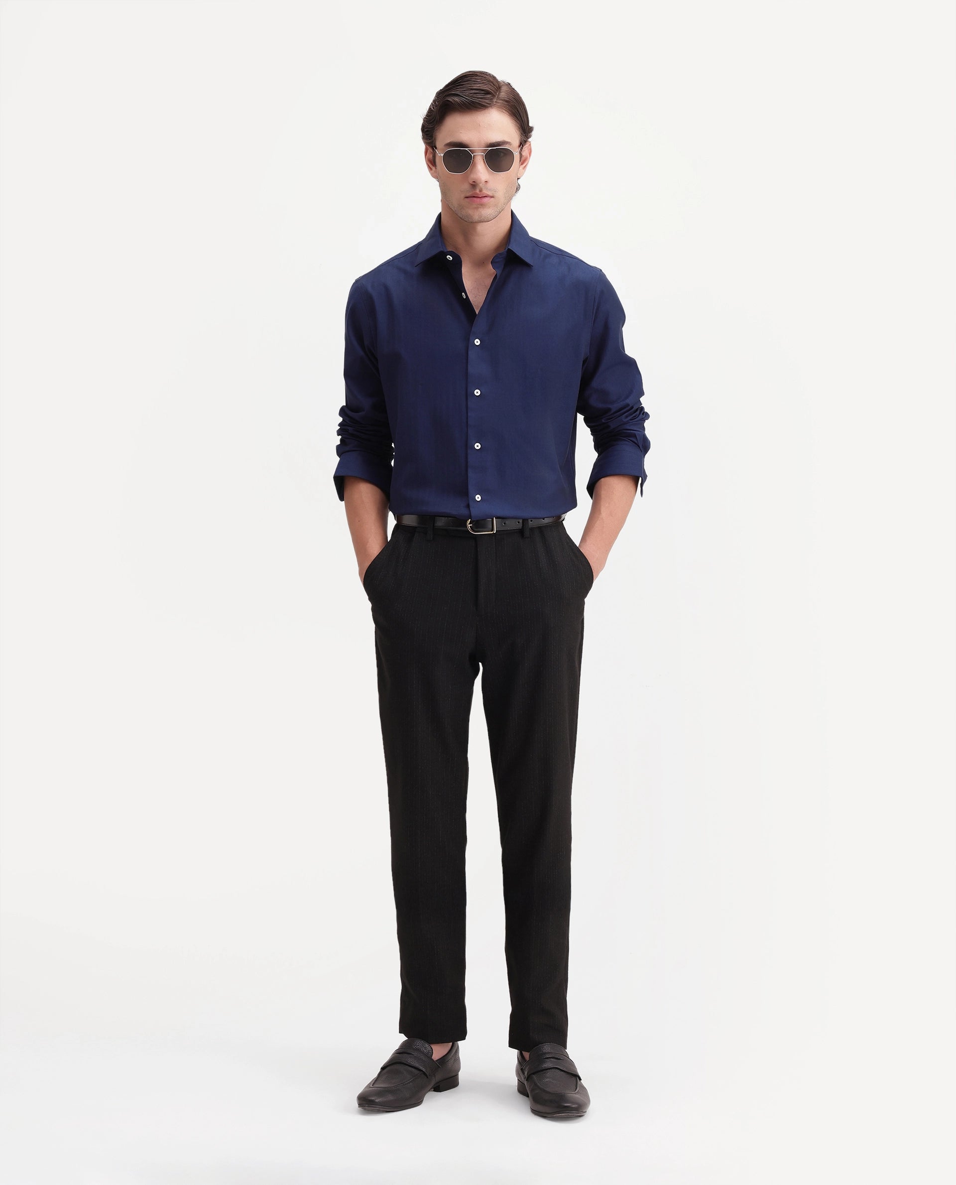 Rare Rabbit Men's Farga Primary Navy Cotton Spread Collar Regular Plain Shirt
