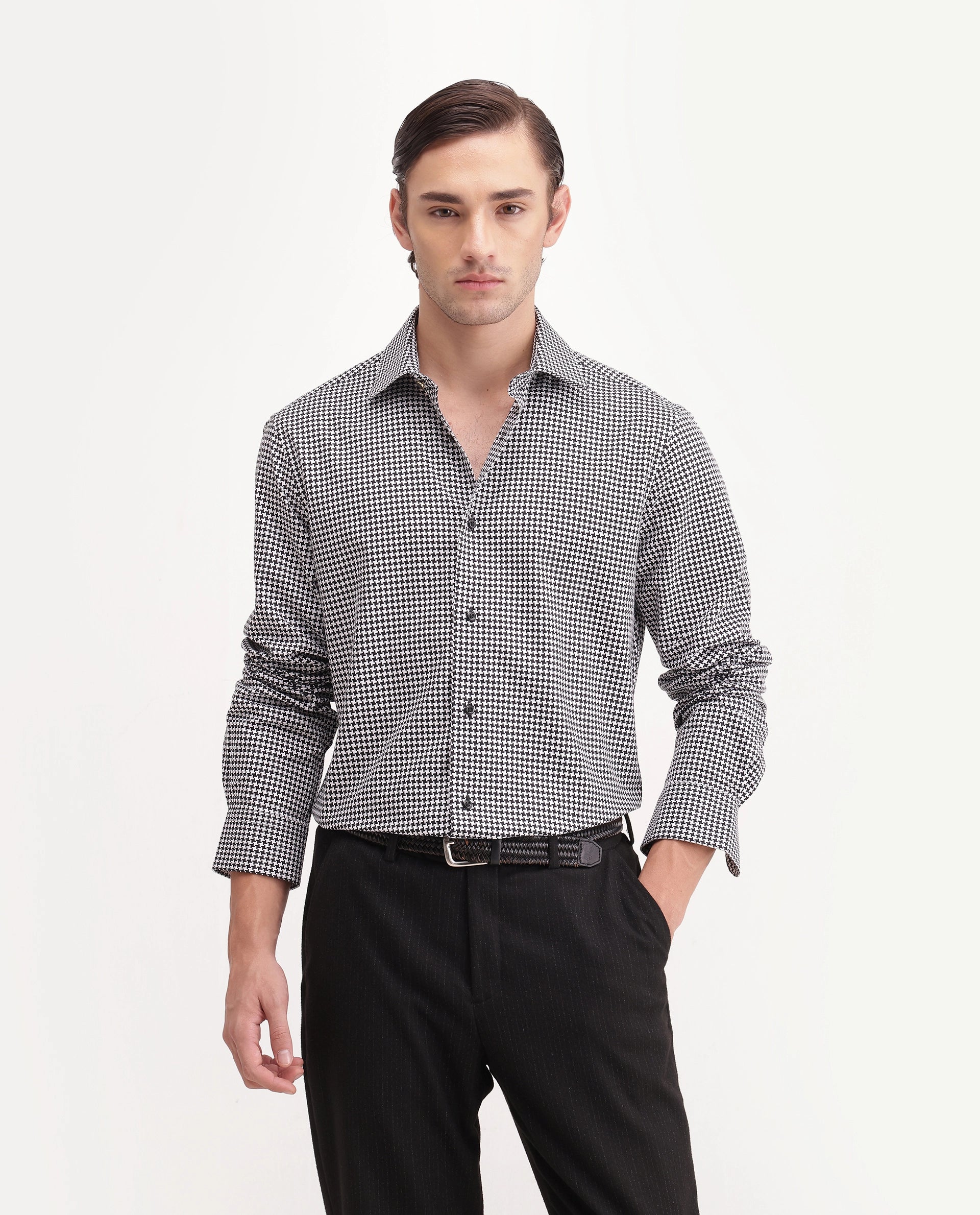 Rare Rabbit Men's Jader-Aw26 Primary Black Cotton Spread Collar Regular Jacquard Print Shirt