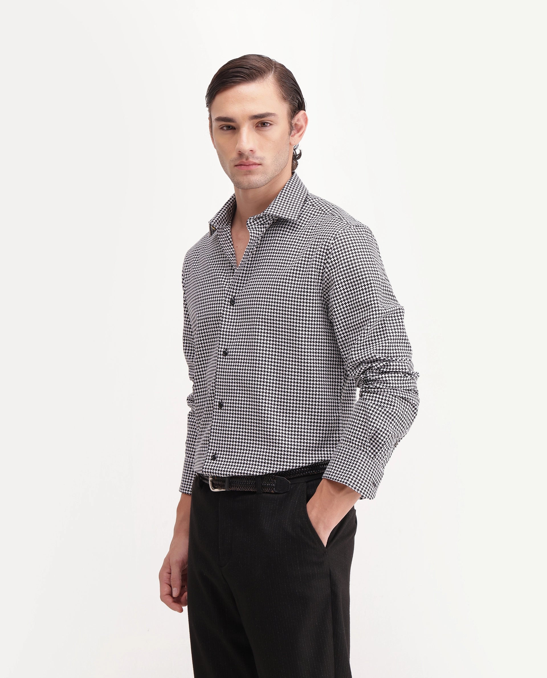 Rare Rabbit Men's Jader-Aw26 Primary Black Cotton Spread Collar Regular Jacquard Print Shirt