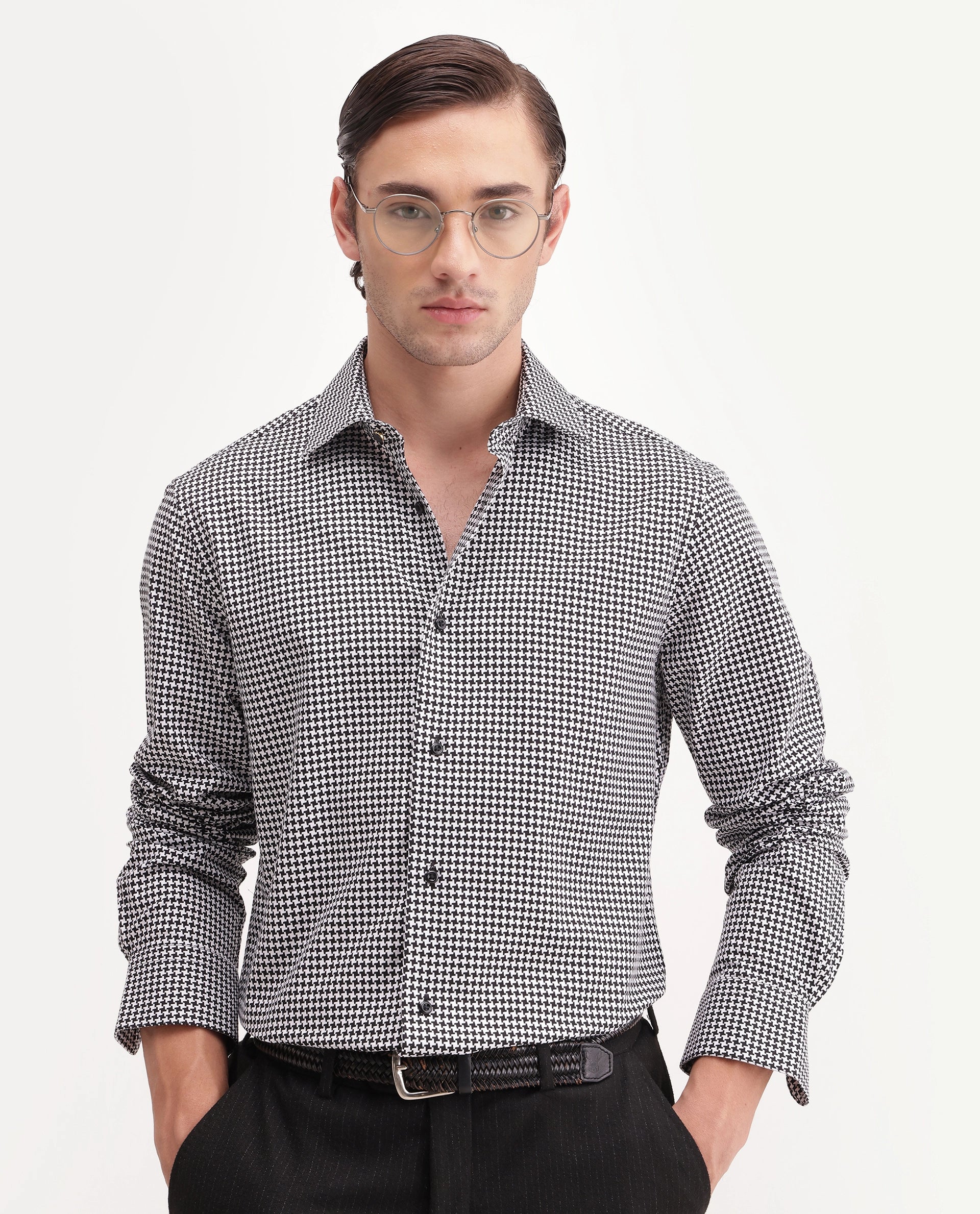 Rare Rabbit Men's Jader-Aw26 Primary Black Cotton Spread Collar Regular Jacquard Print Shirt