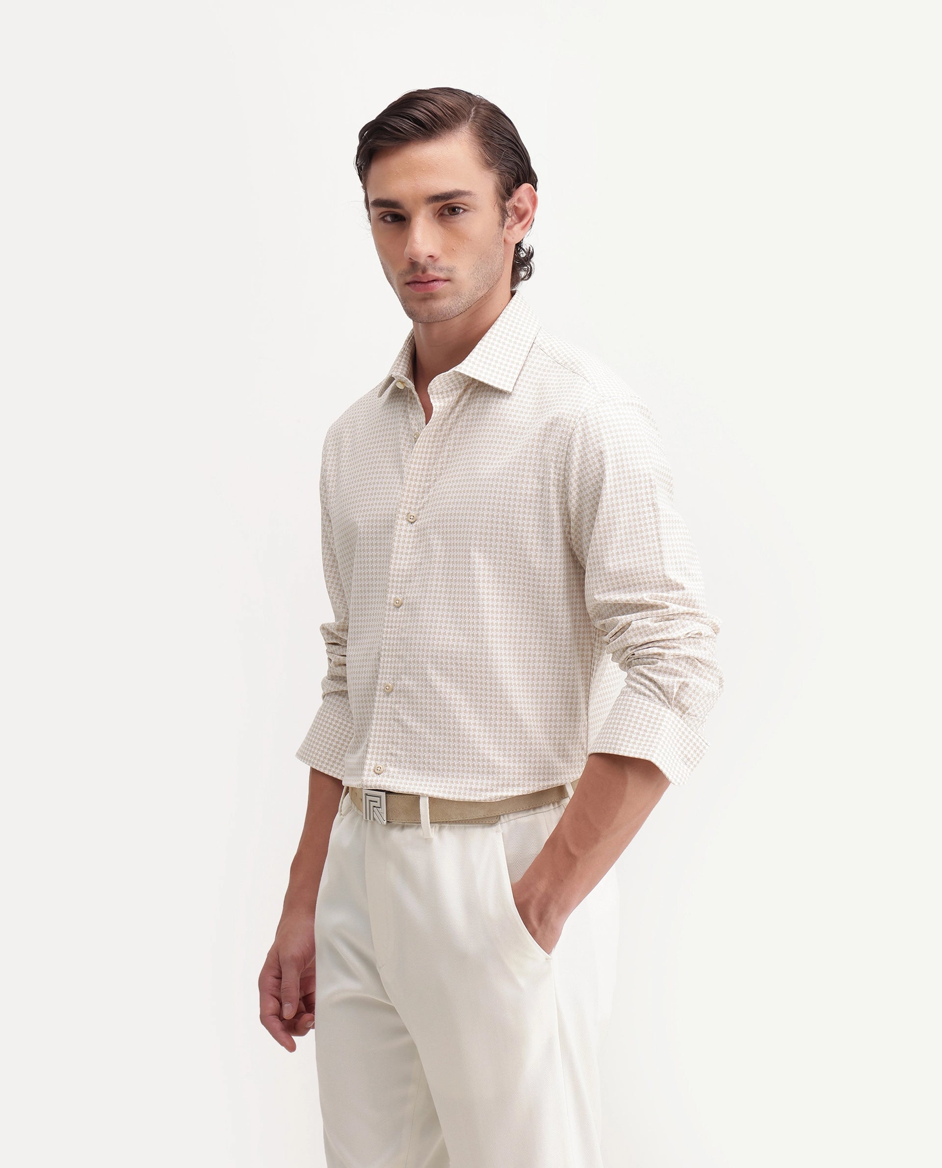 Rare Rabbit Men's Jader-Aw26 Primary Beige Cotton Spread Collar Regular Jacquard Print Shirt