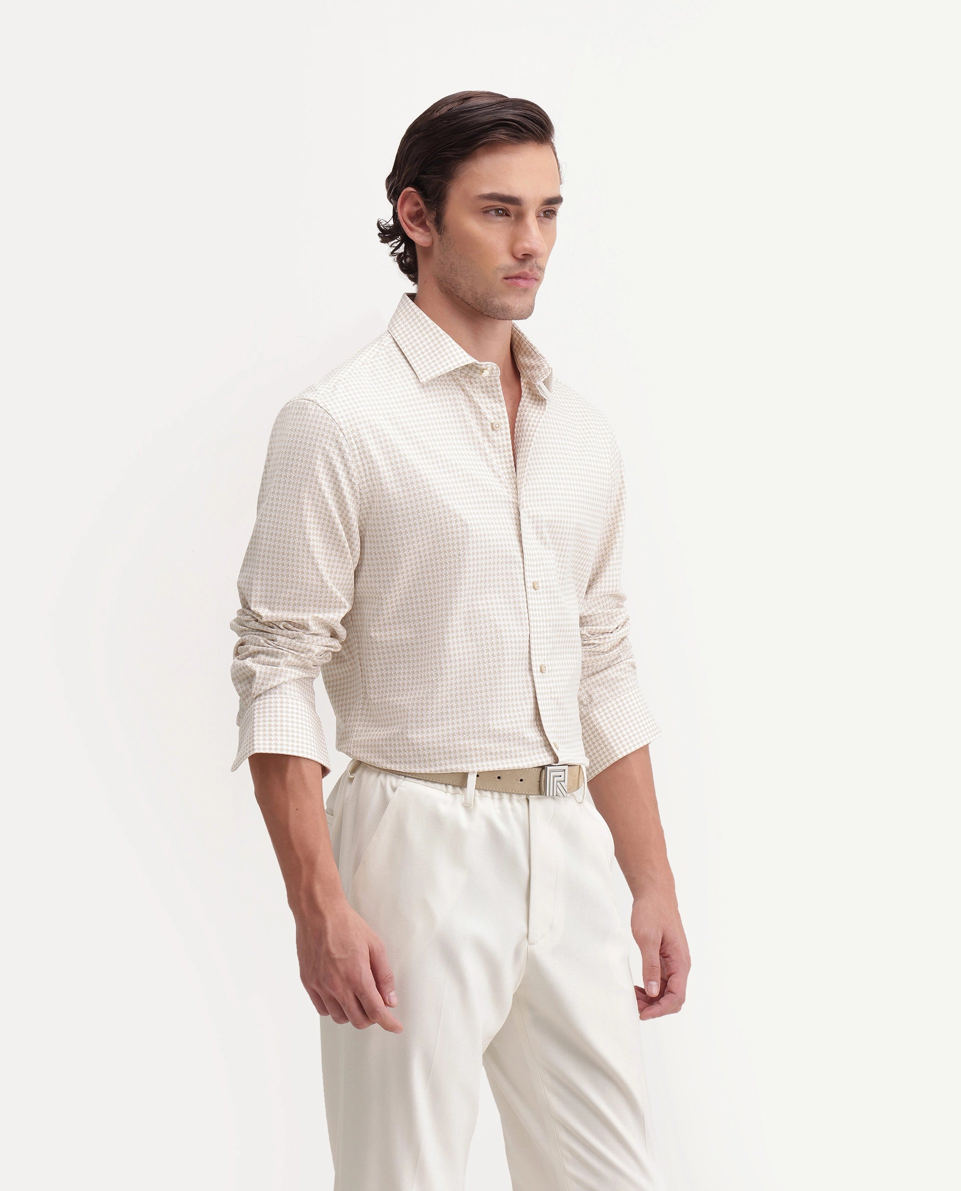 Rare Rabbit Men's Jader-Aw26 Primary Beige Cotton Spread Collar Regular Jacquard Print Shirt
