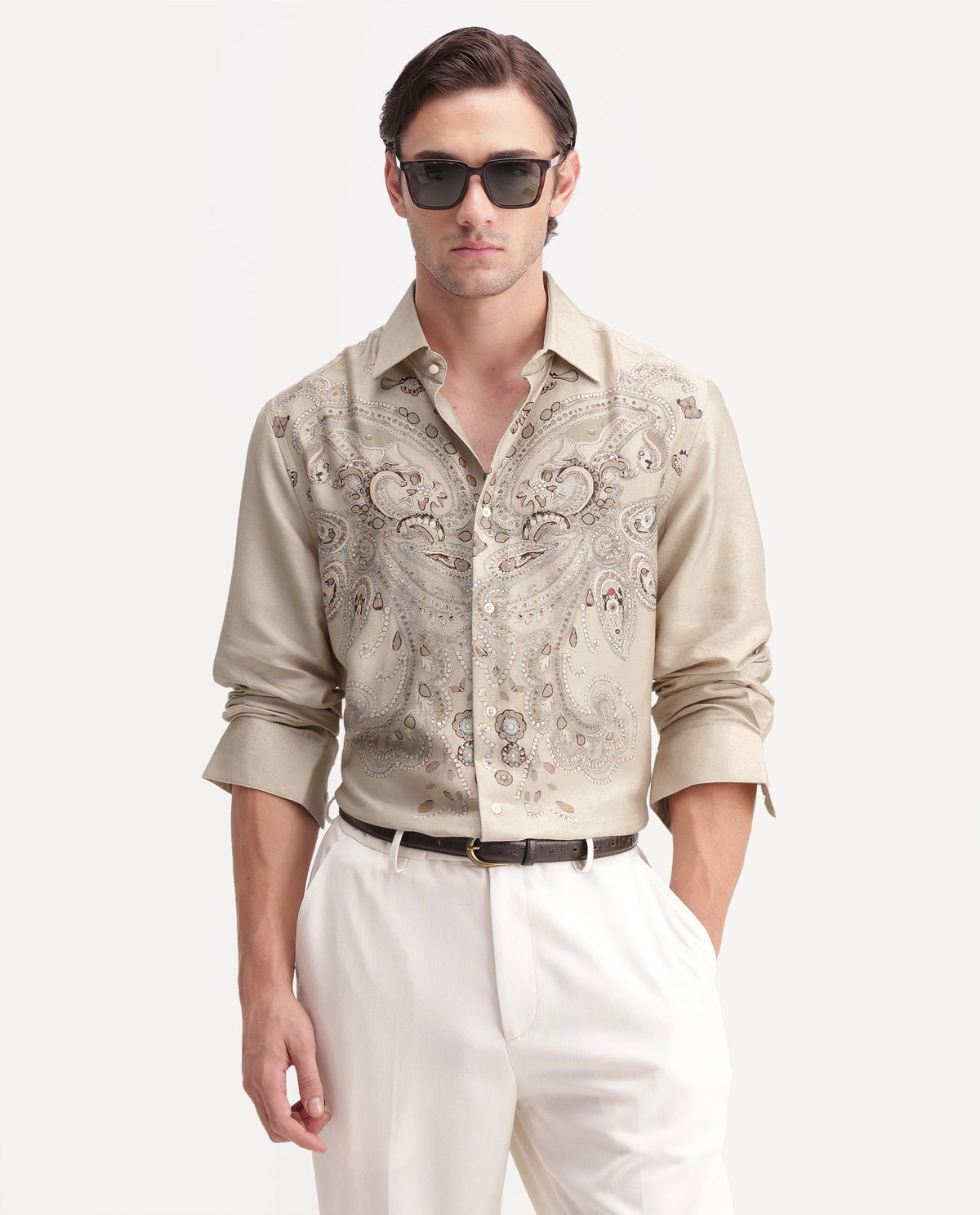 Rare Rabbit Men's West Primary Off White Cotton Spread Collar Regular Paisley Print Shirt