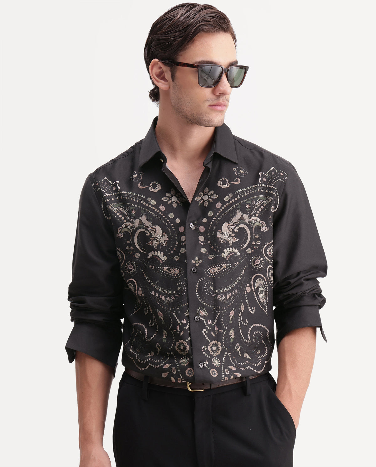 Rare Rabbit Men's West Primary Black Cotton Spread Collar Regular Paisley Print Shirt