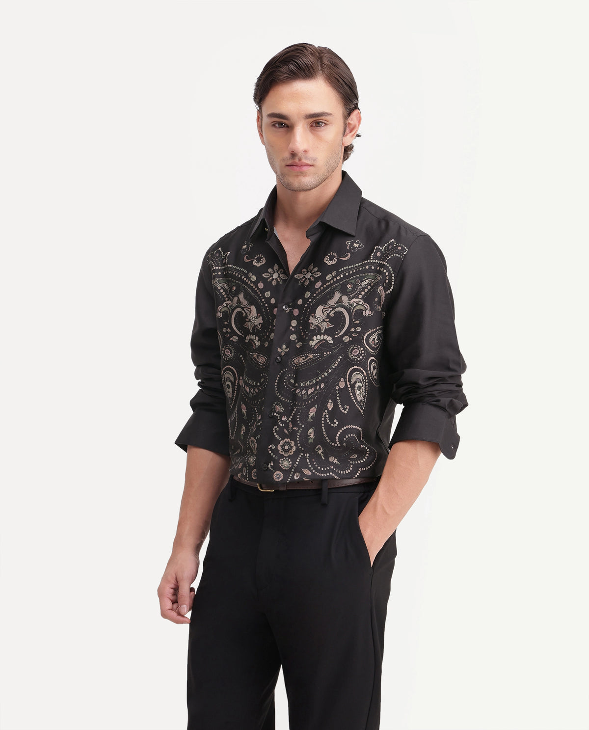 Rare Rabbit Men's West Primary Black Cotton Spread Collar Regular Paisley Print Shirt
