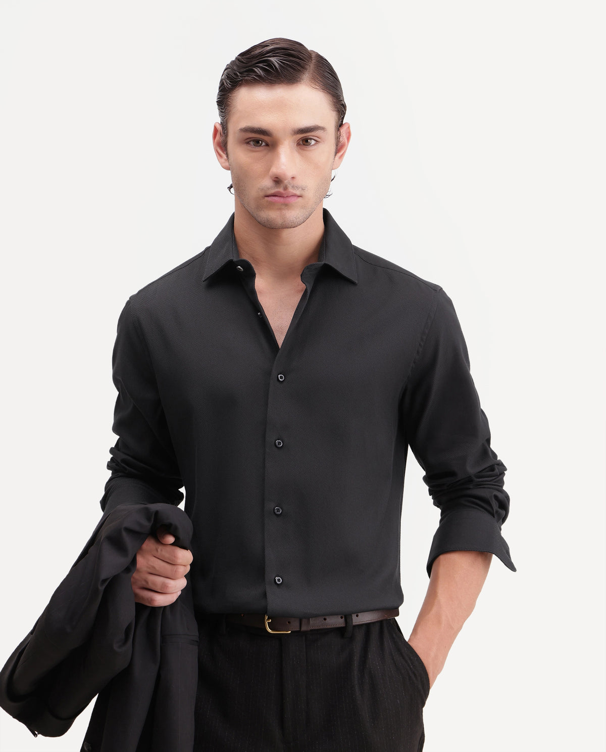 Rare Rabbit Men's Casa Primary Black Cotton Spread Collar Regular Plain Shirt