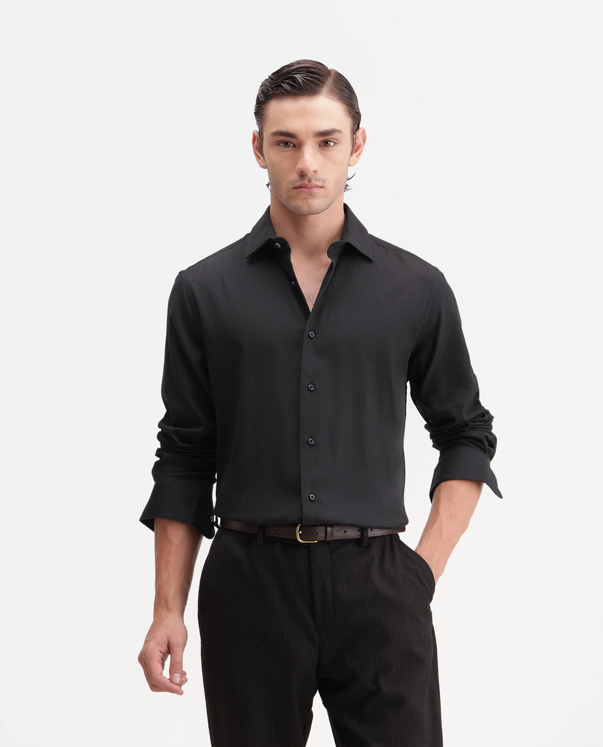 Rare Rabbit Men's Casa Primary Black Cotton Spread Collar Regular Plain Shirt