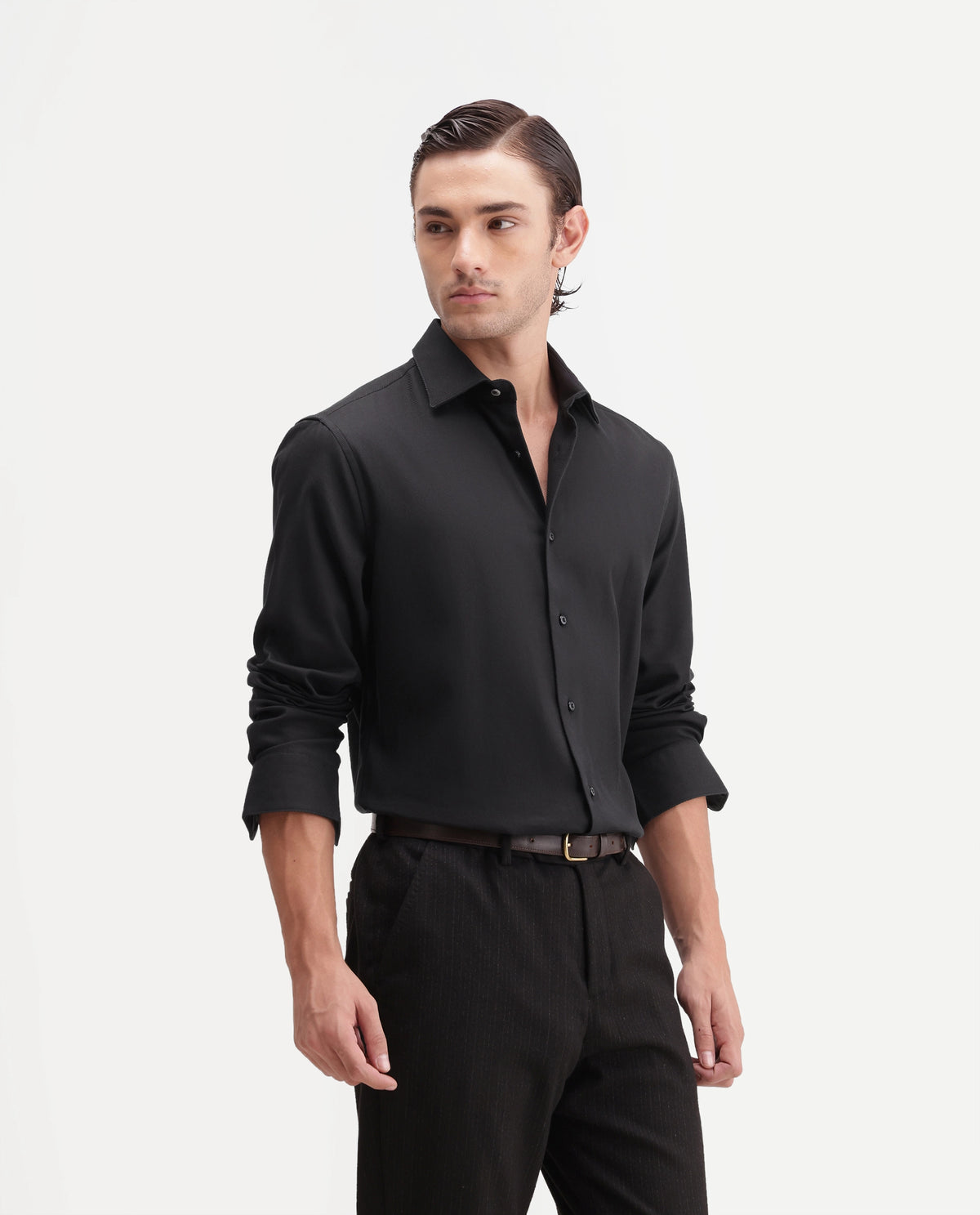 Rare Rabbit Men's Casa Primary Black Cotton Spread Collar Regular Plain Shirt