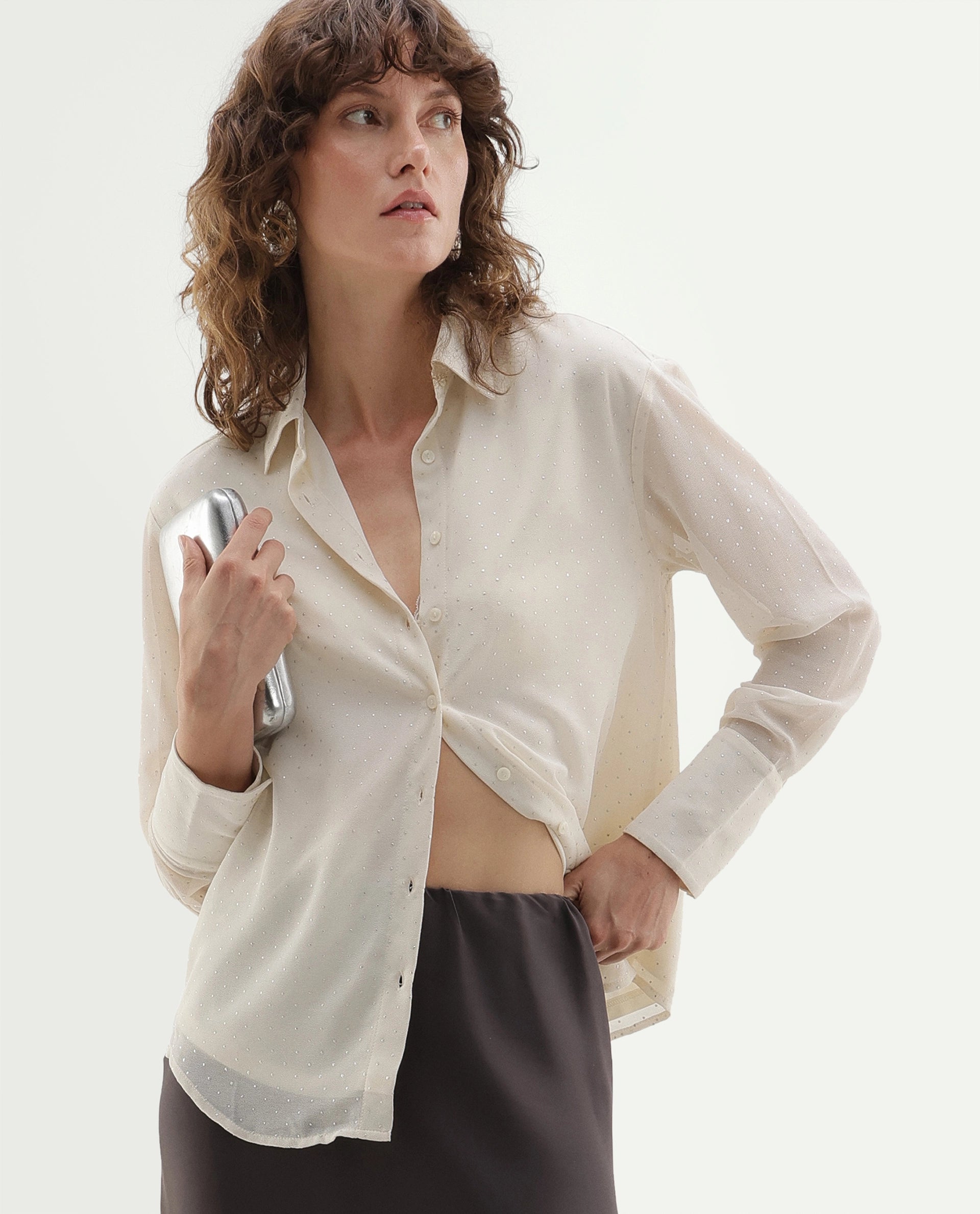 Rareism Women's Crotia Primary Beige Polyester Spread Collar Regular Plain Shirt