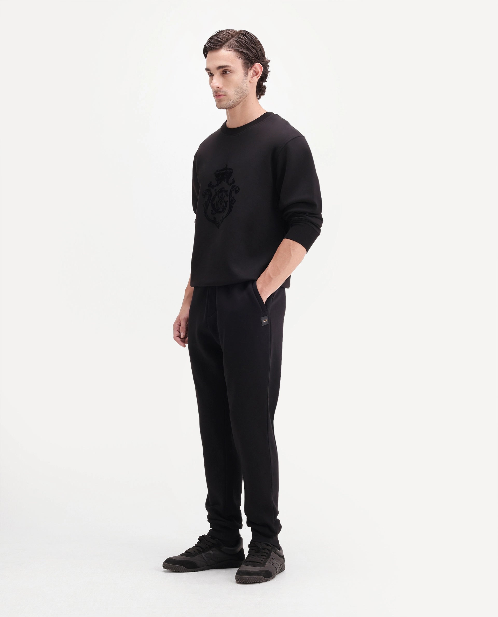 Rare Rabbit Men's Anderson-T-A26 Black Cotton Blend Regular Plain Track Pant