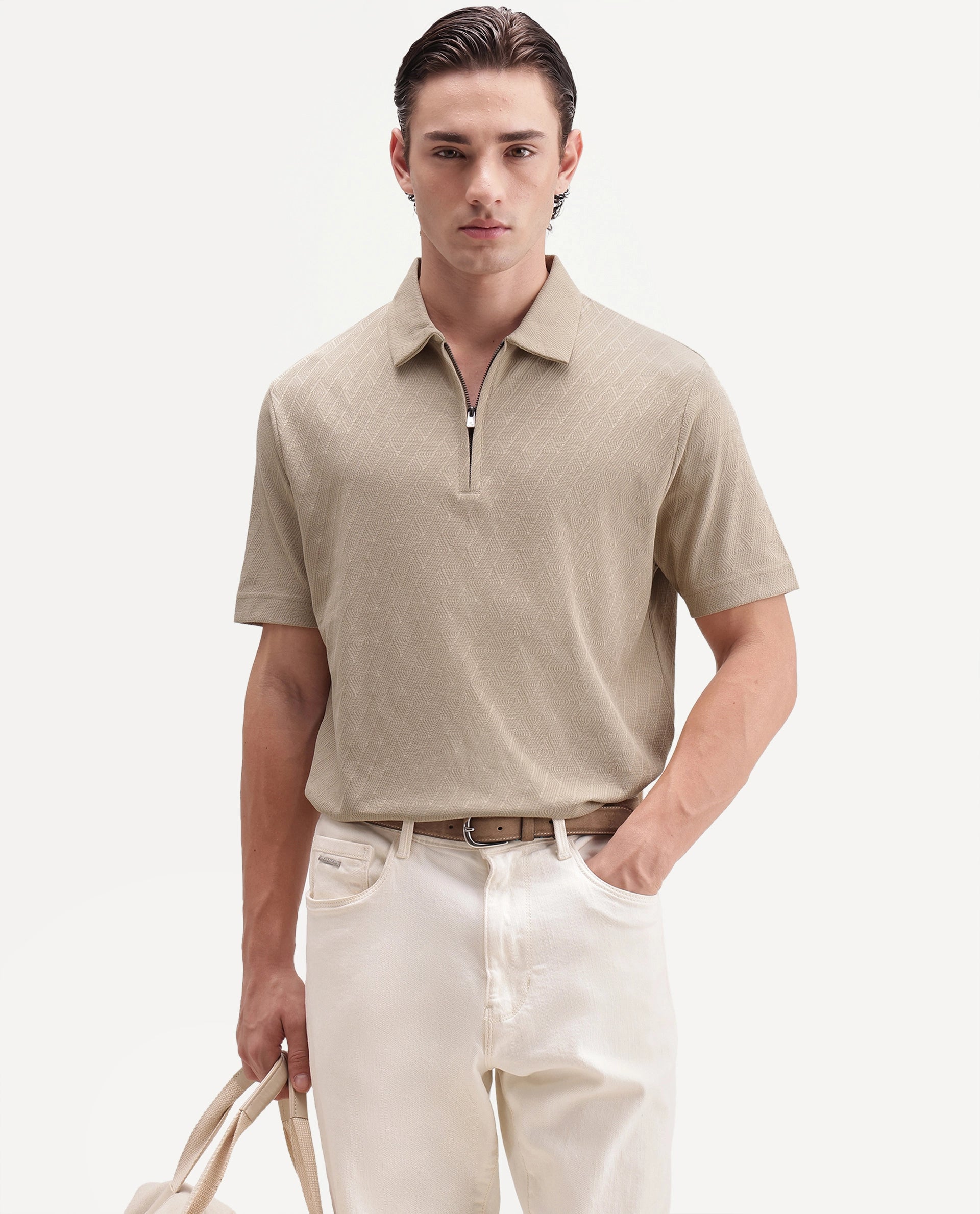 Rare Rabbit Men's Nori Primary Beige Cotton Spread Collar Regular Jacquard Polo