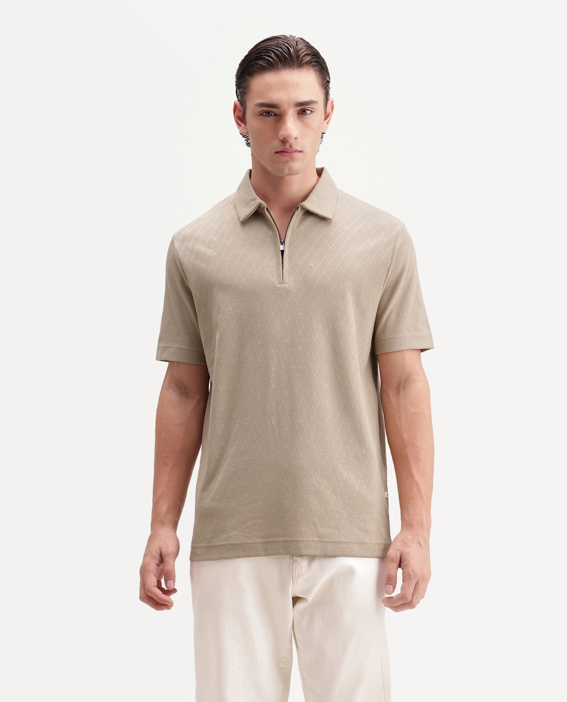 Rare Rabbit Men's Nori Primary Beige Cotton Spread Collar Regular Jacquard Polo