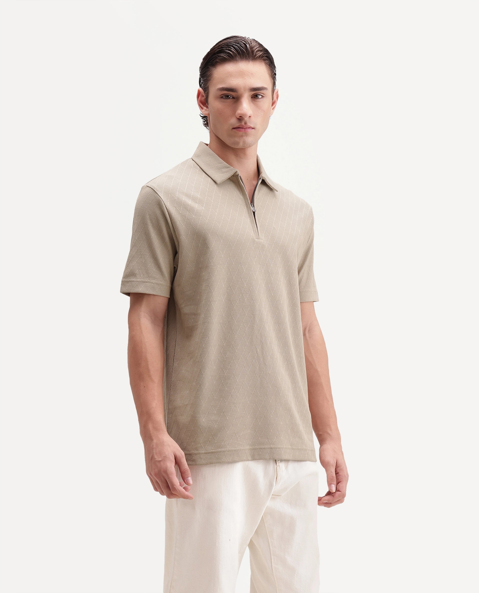 Rare Rabbit Men's Nori Primary Beige Cotton Spread Collar Regular Jacquard Polo