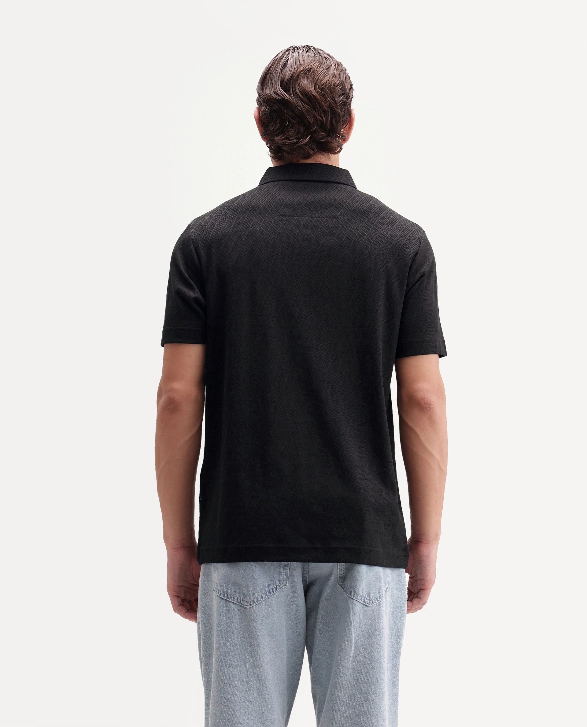 Rare Rabbit Men's Nori Primary Black Cotton Spread Collar Regular Jacquard Polo