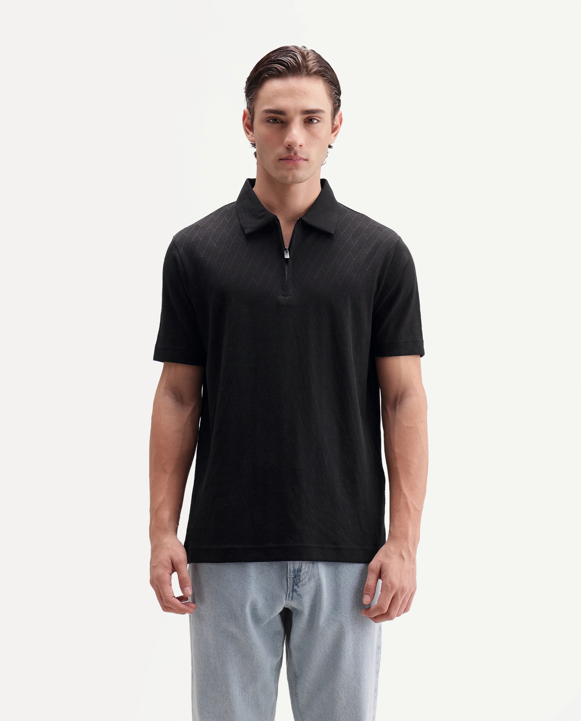 Rare Rabbit Men's Nori Primary Black Cotton Spread Collar Regular Jacquard Polo