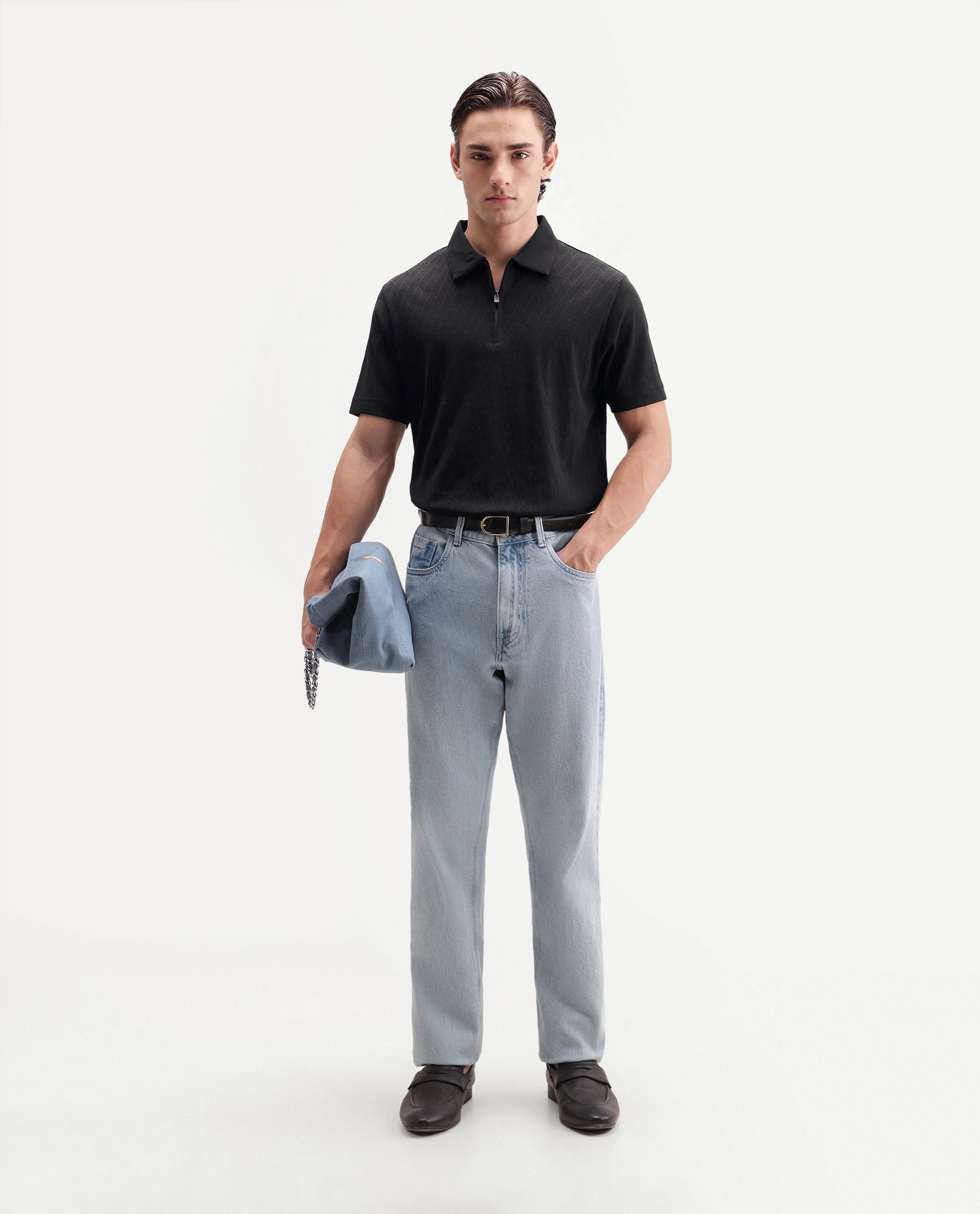 Rare Rabbit Men's Nori Primary Black Cotton Spread Collar Regular Jacquard Polo